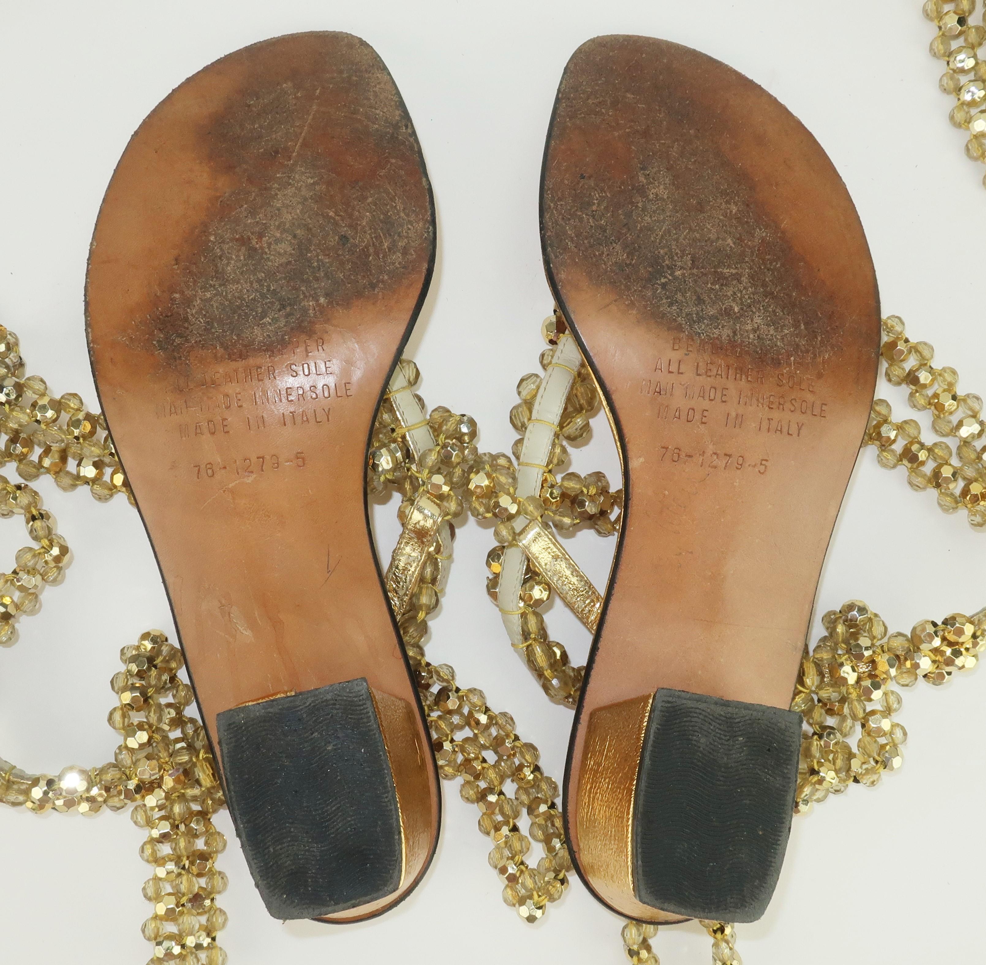 Italian Gold Beaded Leather Gladiator Sandals, 1960's For Sale 2