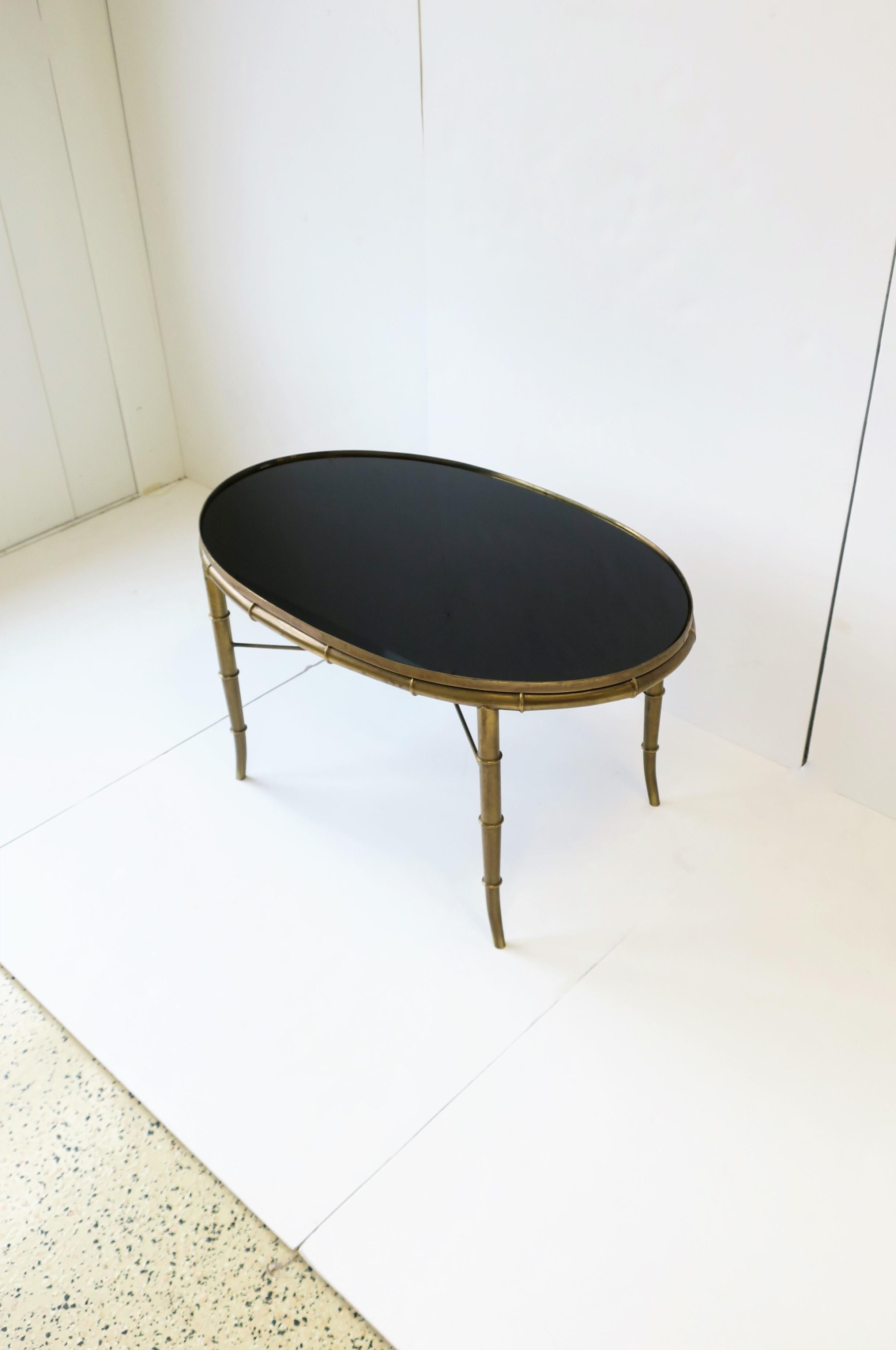 Hollywood Regency Italian Gold Brass Bamboo and Black Glass Top Cocktail Table 