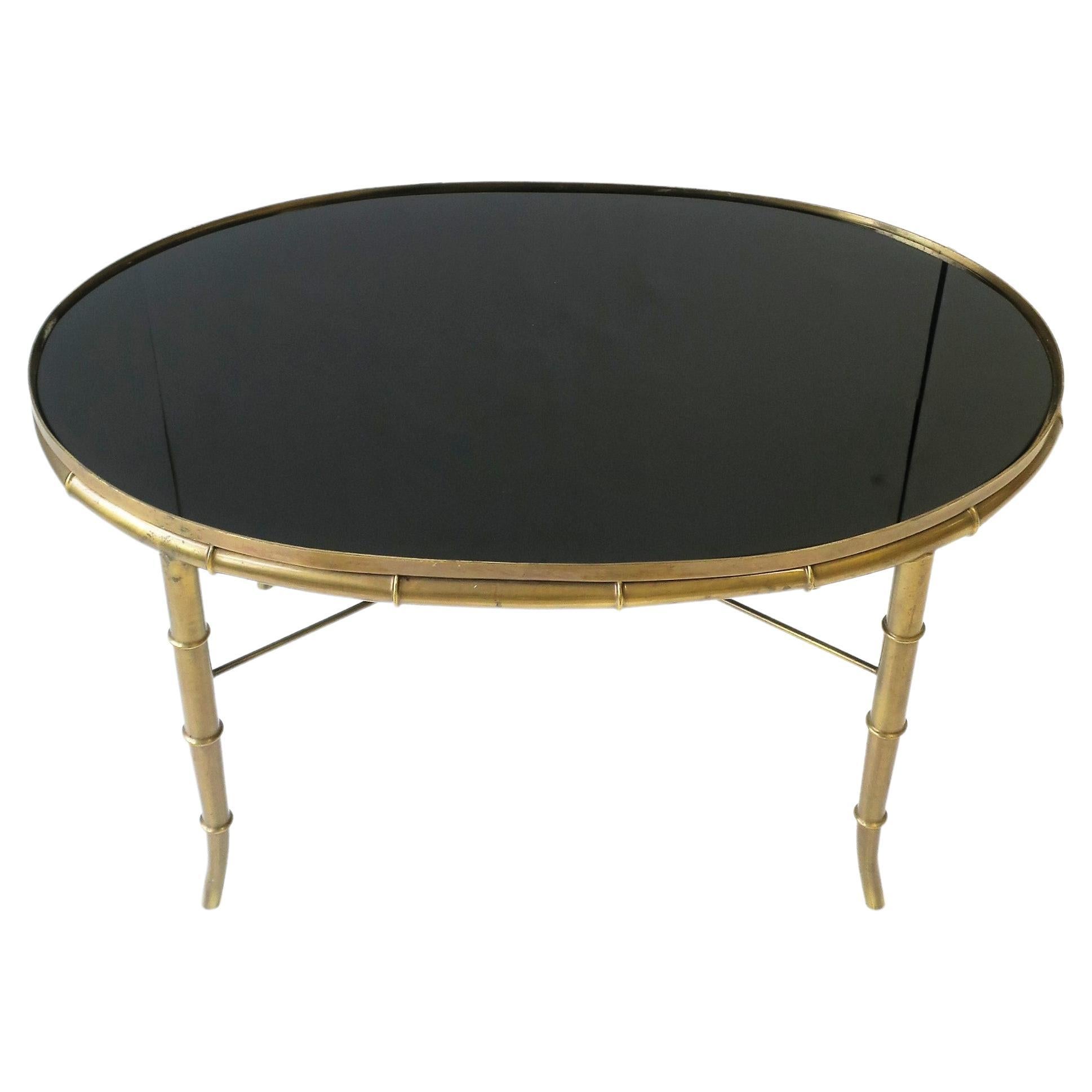 Italian Gold Brass Bamboo and Black Glass Top Cocktail Table 