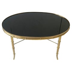 Italian Gold Brass Bamboo and Black Glass Top Cocktail Table 