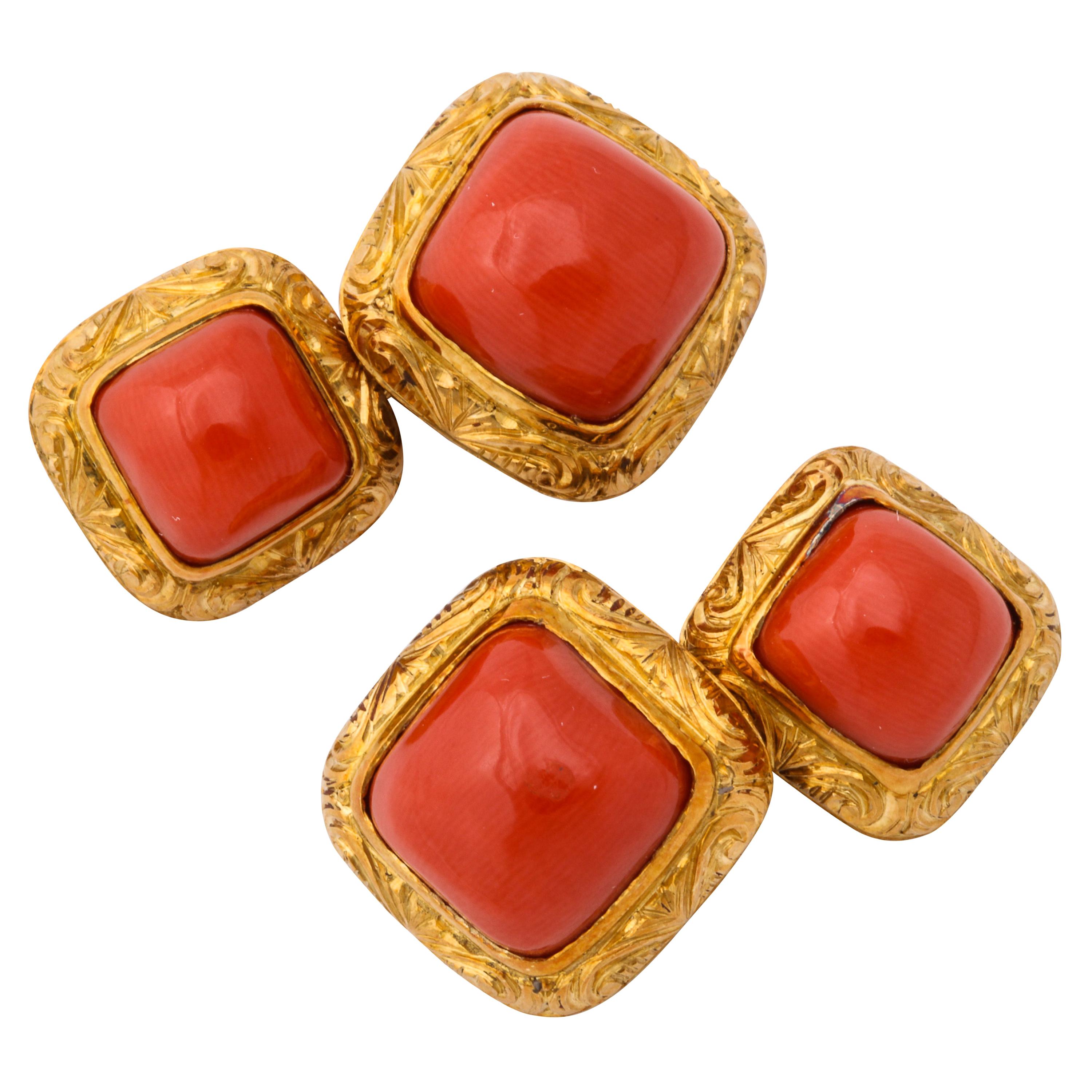 Italian Gold Coral Double Sided Cufflinks For Sale