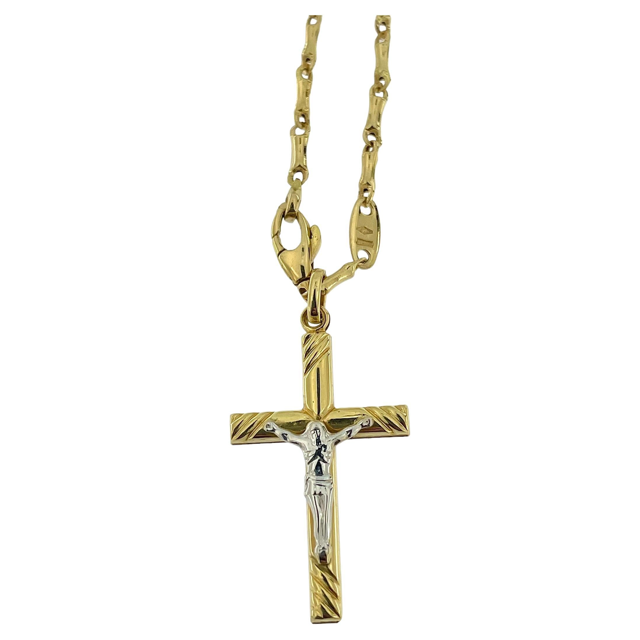 Italian Gold Crucifix with Bamboo Links Chain  For Sale