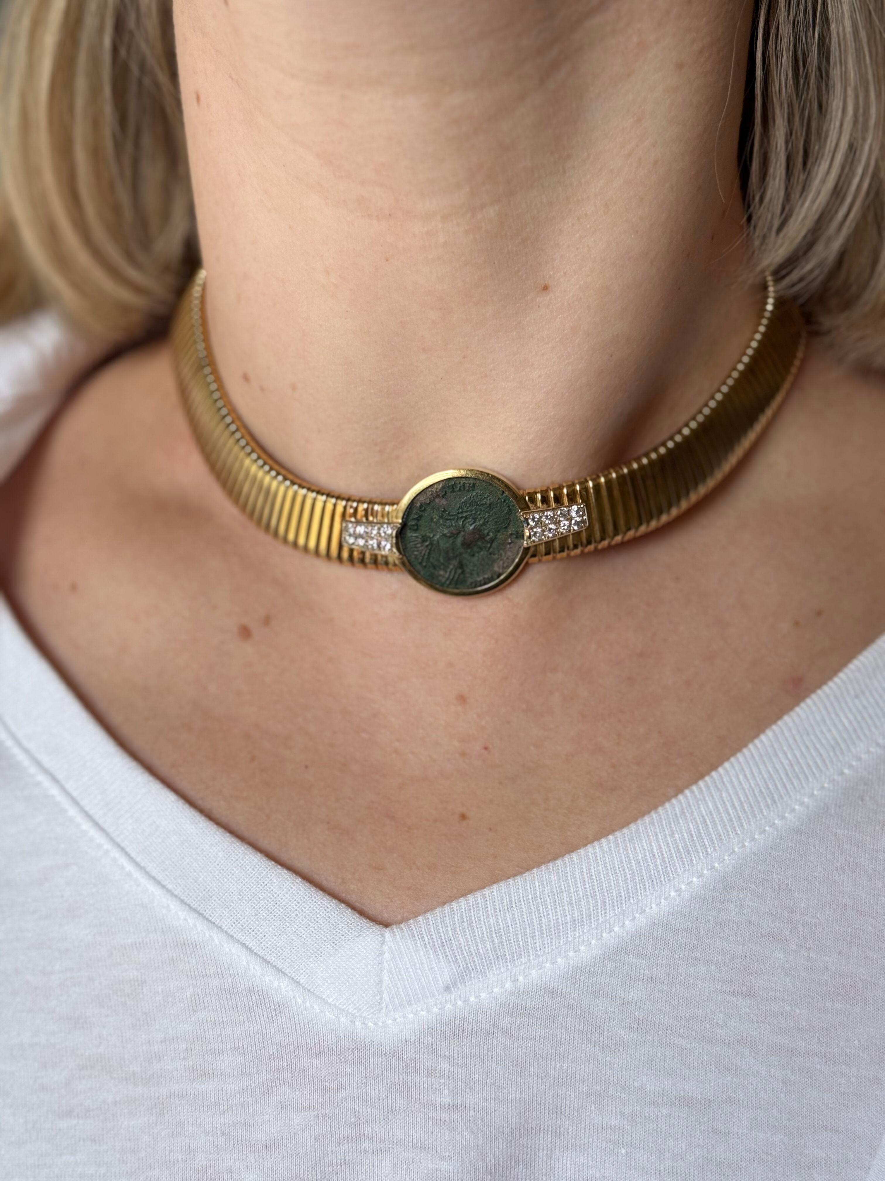 Italian made 18k gold tubogas style necklace, featuring center ancient coin, surrounded with approx. 0.96ctw GH/VS diamonds. Necklace is 15.25