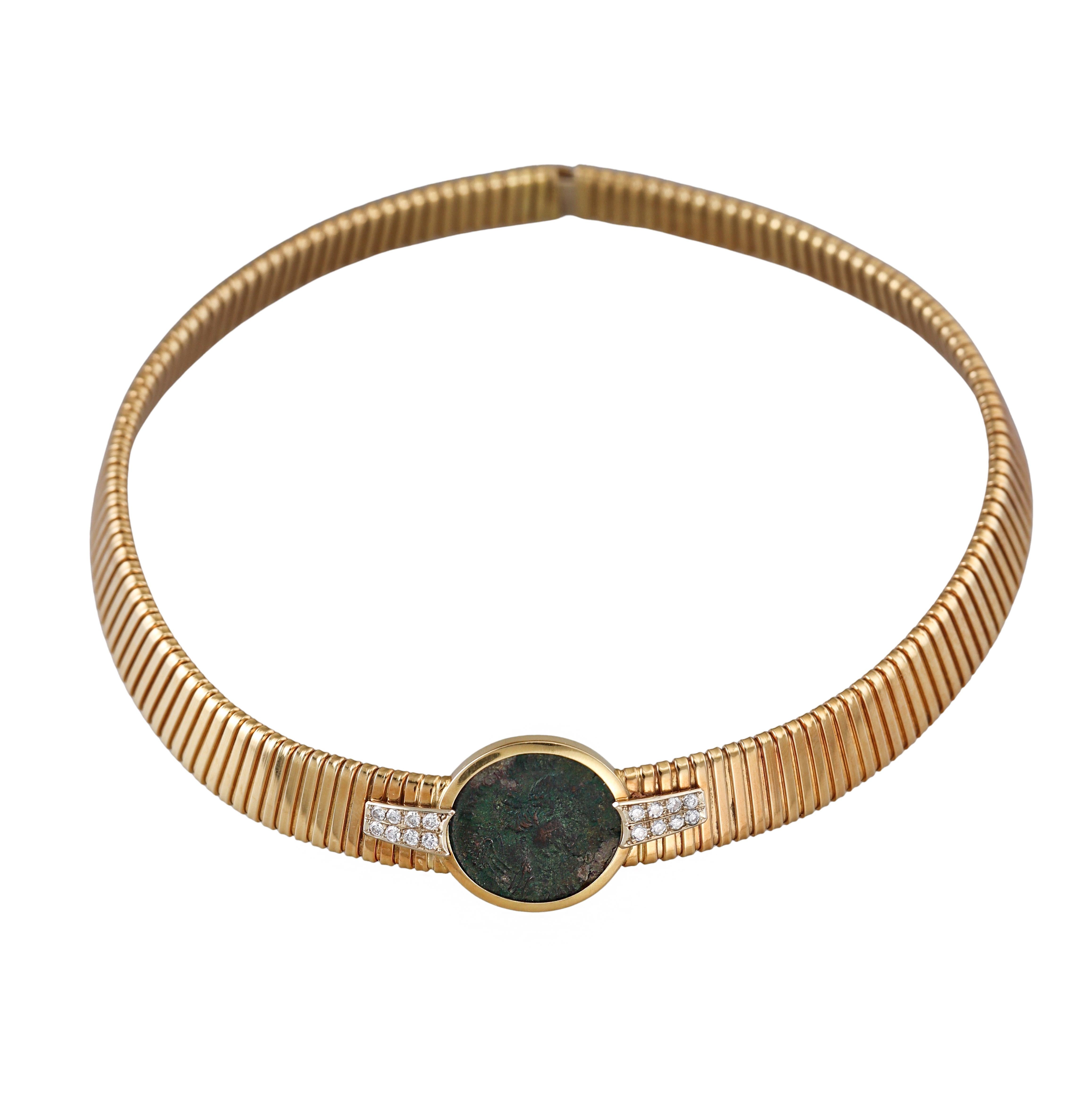 Round Cut Italian Gold Diamond Ancient Coin Pendant Necklace For Sale
