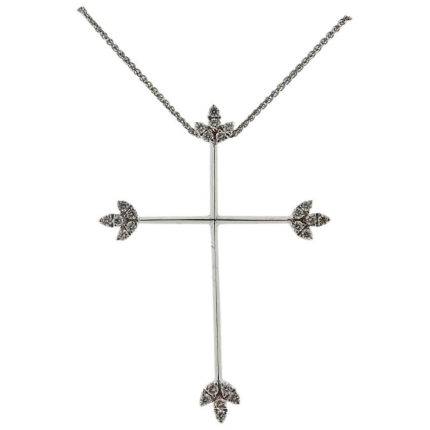 Italian Gold Diamond Cross Pendant Necklace For Sale