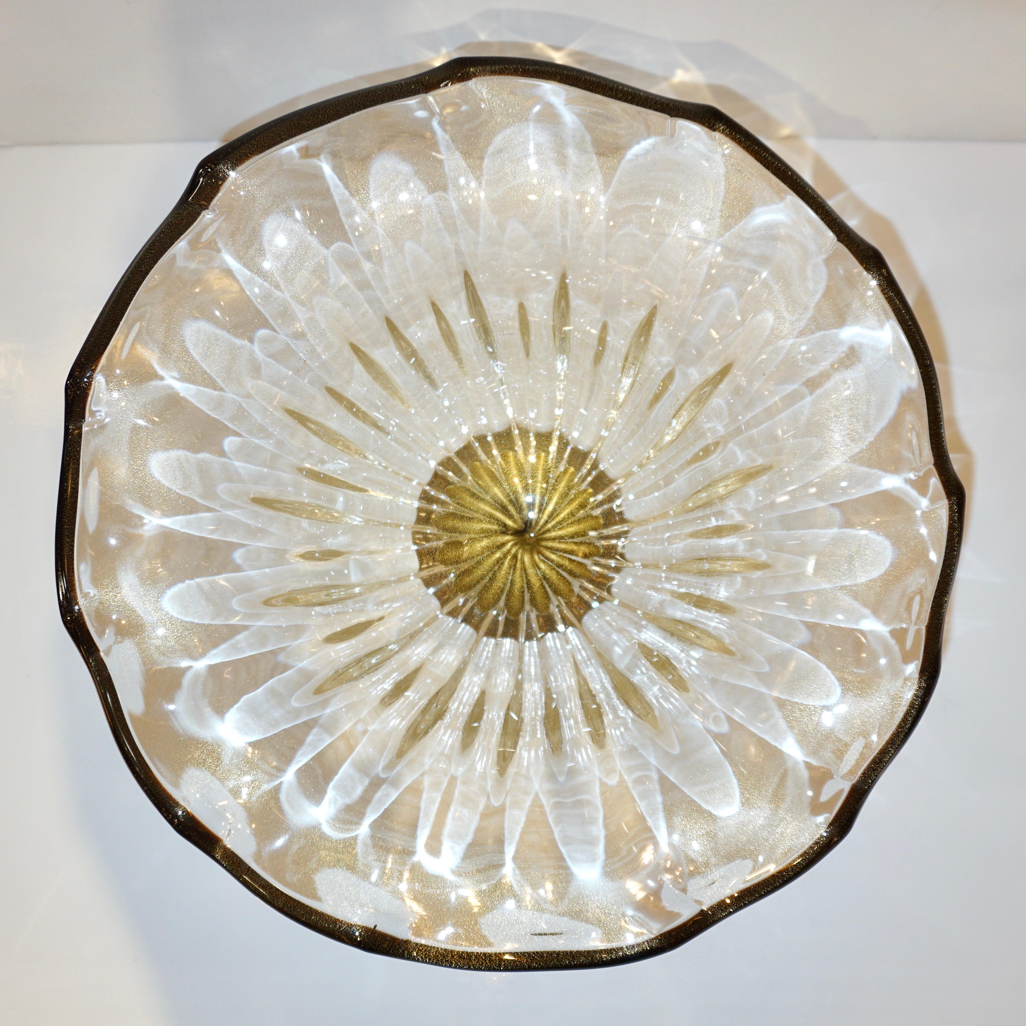 Organic Modern Italian Gold Dust Crystal Murano Glass Scalloped Centerpiece/Bowl with Black Rim For Sale