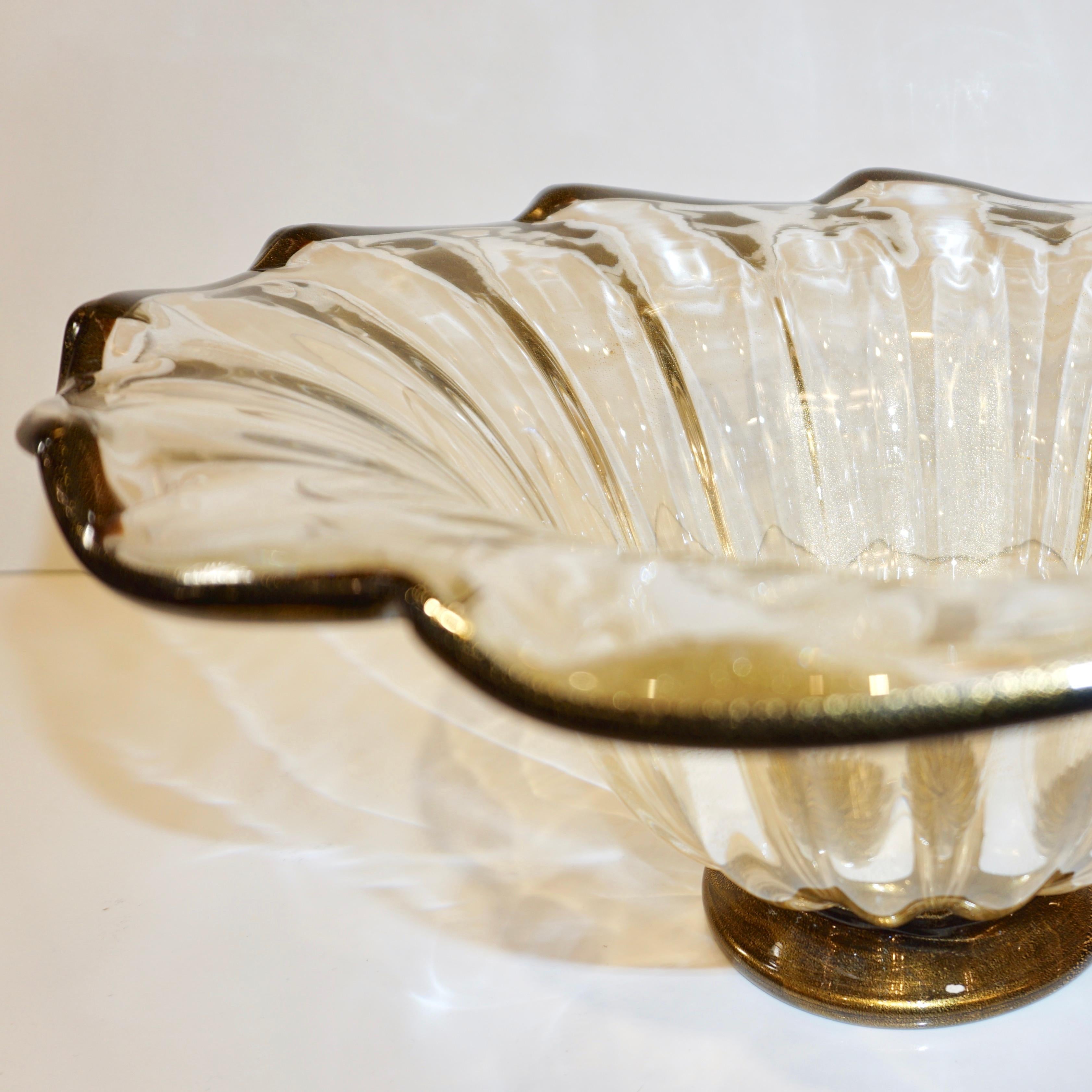 Hand-Crafted Italian Gold Dust Crystal Murano Glass Scalloped Centerpiece/Bowl with Black Rim For Sale