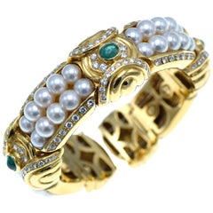 Italian Gold, Emerald, Diamond and Pearl Cuff Bracelet