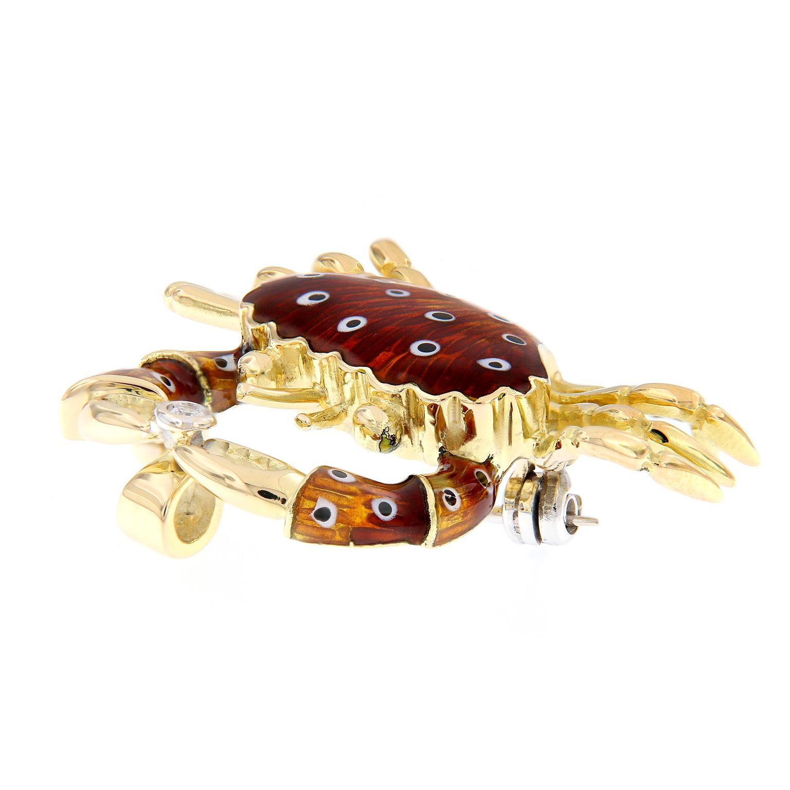 Beautiful crab brooch/pendant is crafted in 18k yellow gold made in Italy. Features a colorful enameled body and a bezel set diamond. The crab can be worn as a brooch or as a pendant. Weighs 10.3 grams.

Diamonds 0.03 carat