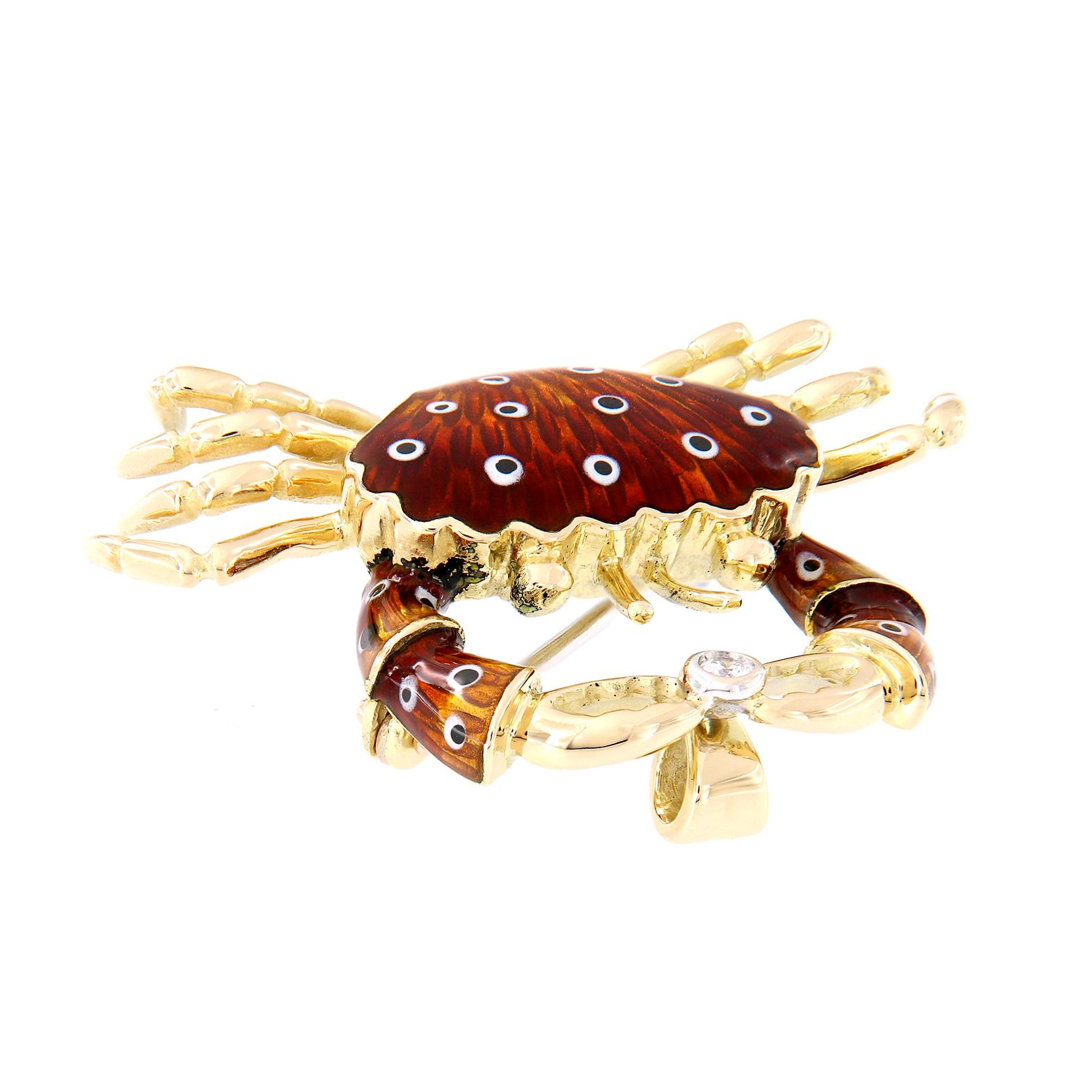 Italian Gold Enamel Crab Diamond Brooch or Pendant In New Condition In Troy, MI