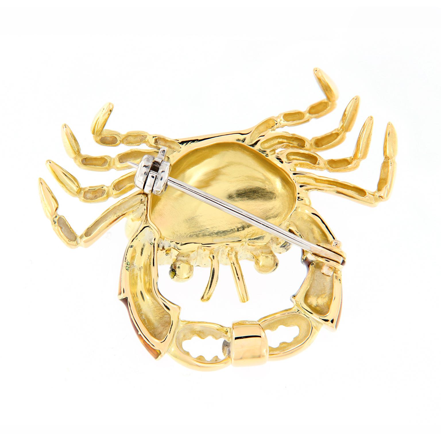 Women's Italian Gold Enamel Crab Diamond Brooch or Pendant