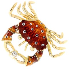 Vintage Italian Gold Enamel Crab Diamond Brooch or Pendant