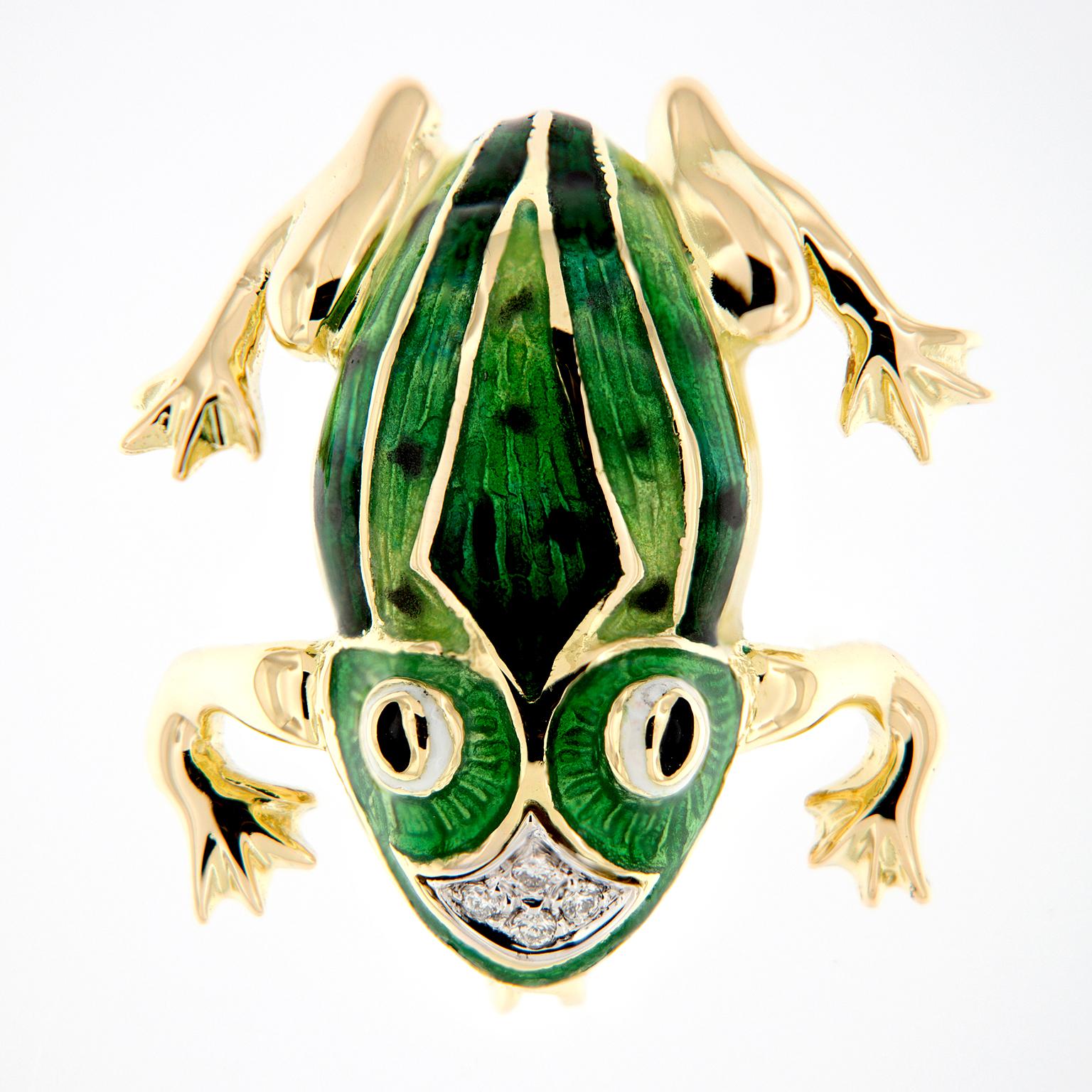A lovely enameled frog pin, made in Italy and crafted in 18k yellow gold. This piece features rich, green enamel work and accented with four diamonds. Can be also worn as a pendant. Weighs 12 grams.

Diamonds 0.04 cttw