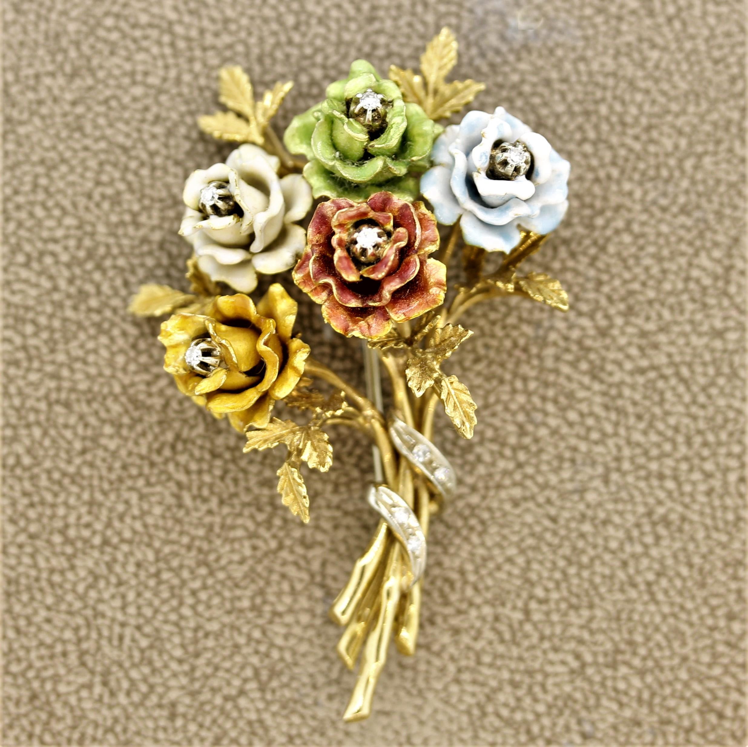 An exquisite example of Italian goldwork. Each of the 5 roses are expertly hand worked to display natural folds and curves of the petals. Adding to that, they are hand painted with enamel which is a liquid glass that goes over the gold. There are