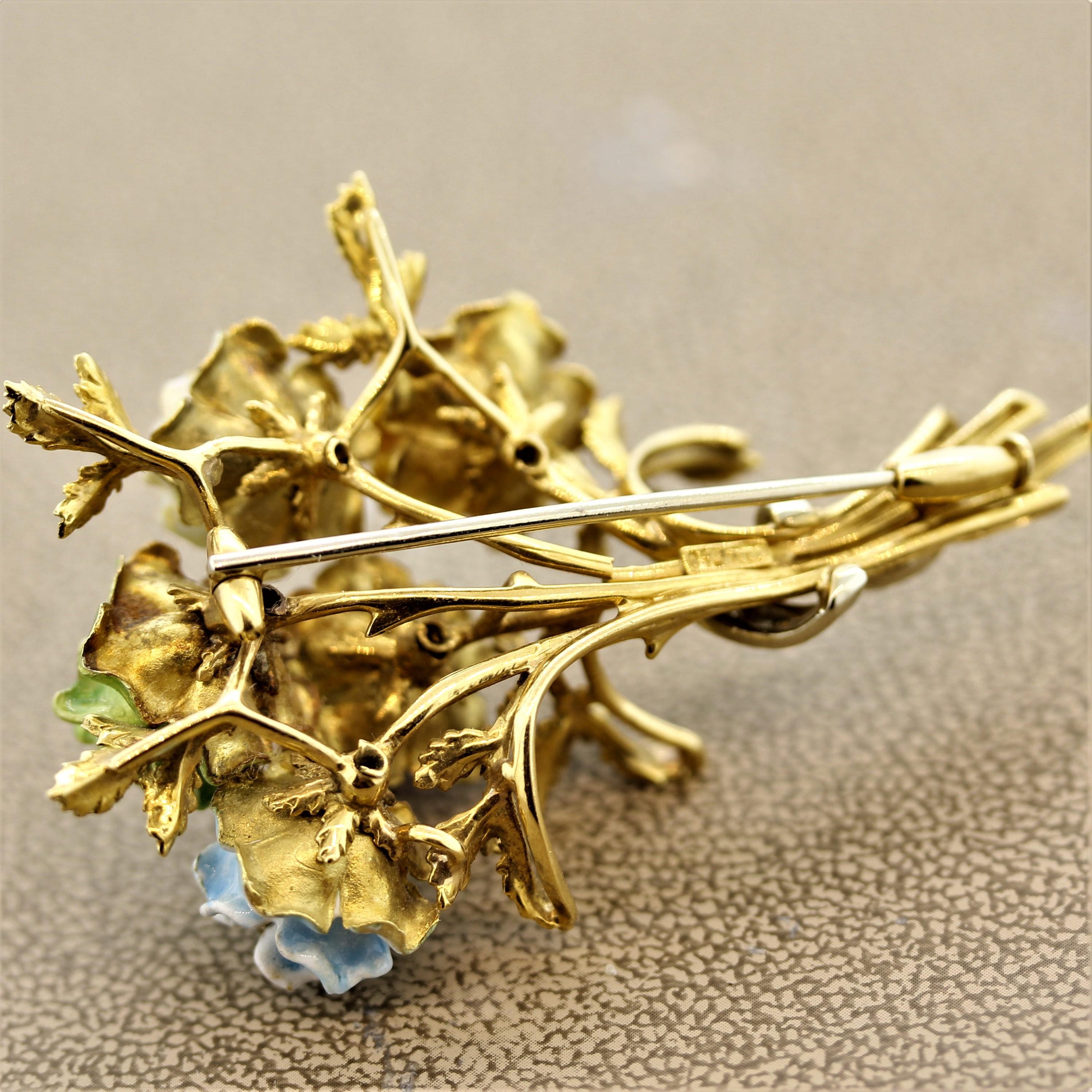 Women's Italian Gold Enameled Rose Bouquet Diamond Brooch For Sale