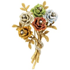 Used Italian Gold Enameled Rose Bouquet Diamond Brooch