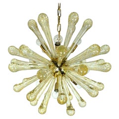 Italian Gold Flecked Clear Murano Blown Glass and Brass Sputnik Chandelier