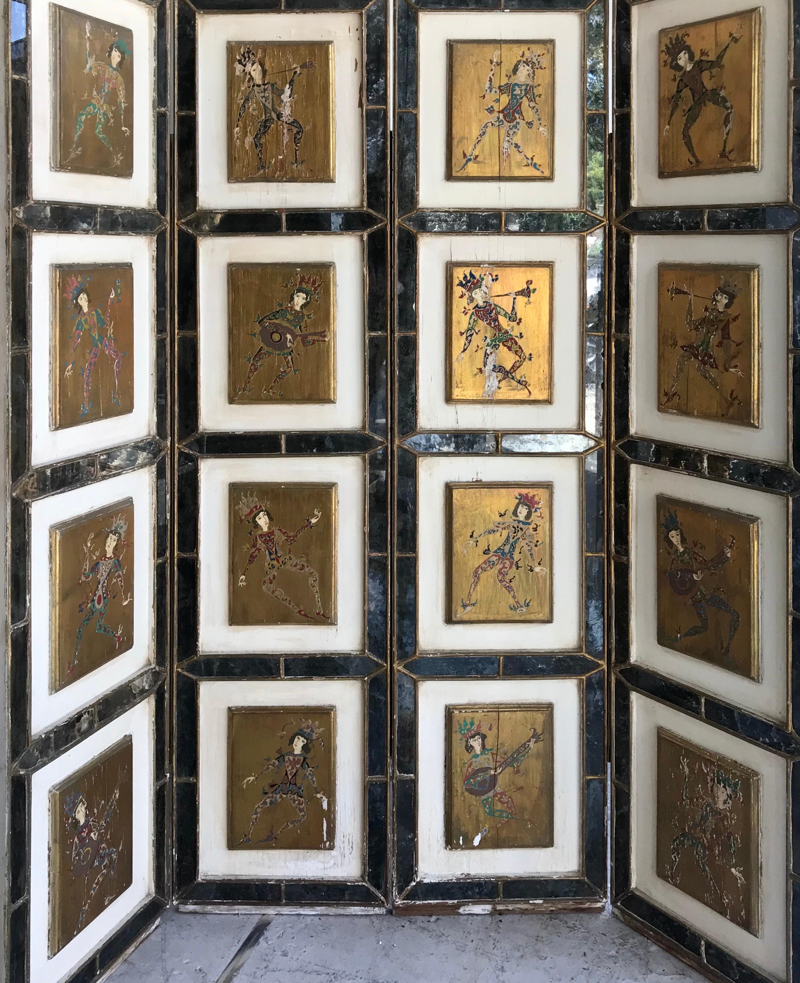 Medieval Italian Gold Florentine Hand Painted Court Jester Four Paneled Screen