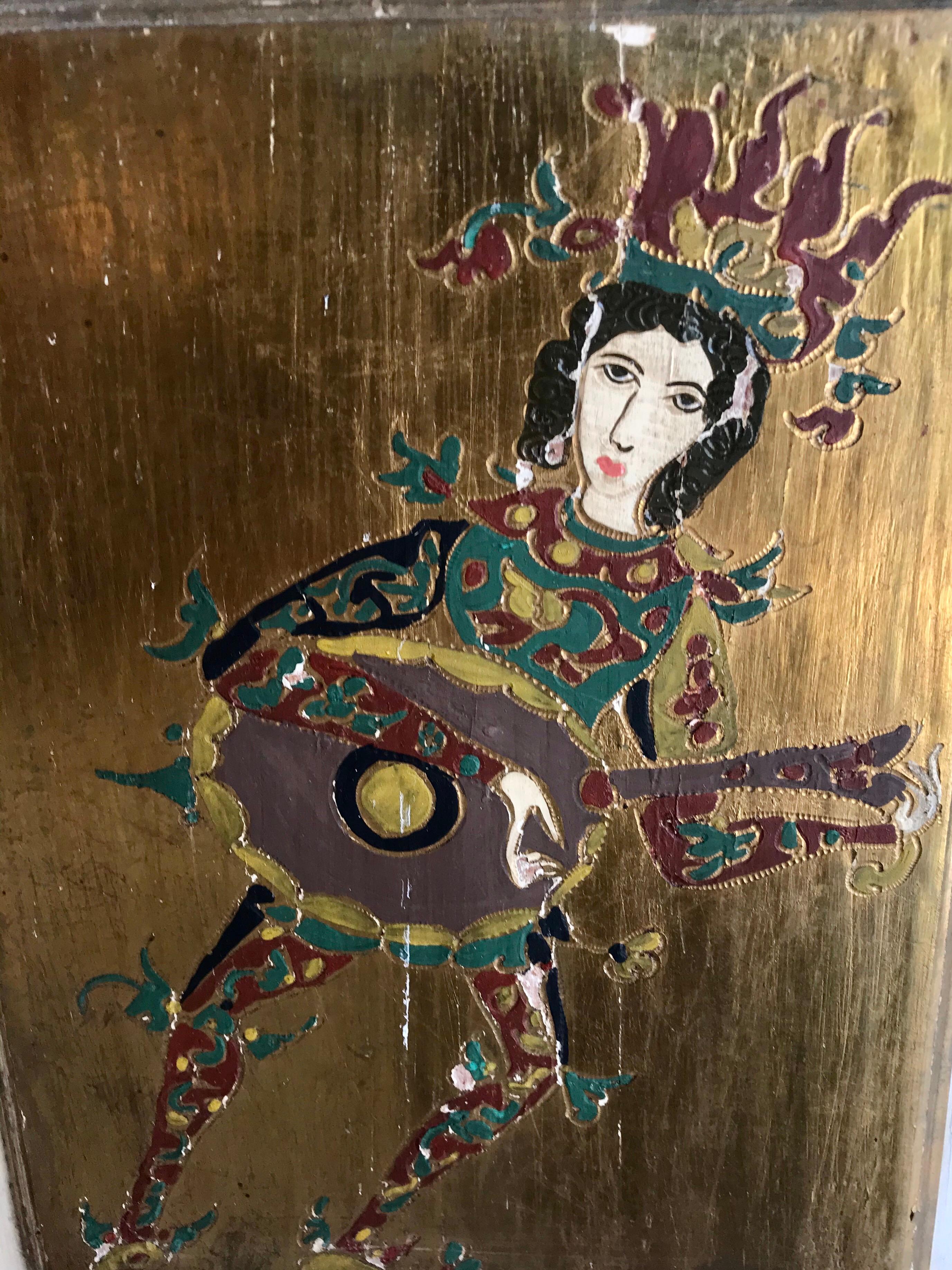Italian Gold Florentine Hand Painted Court Jester Four Paneled Screen In Good Condition In Miami, FL