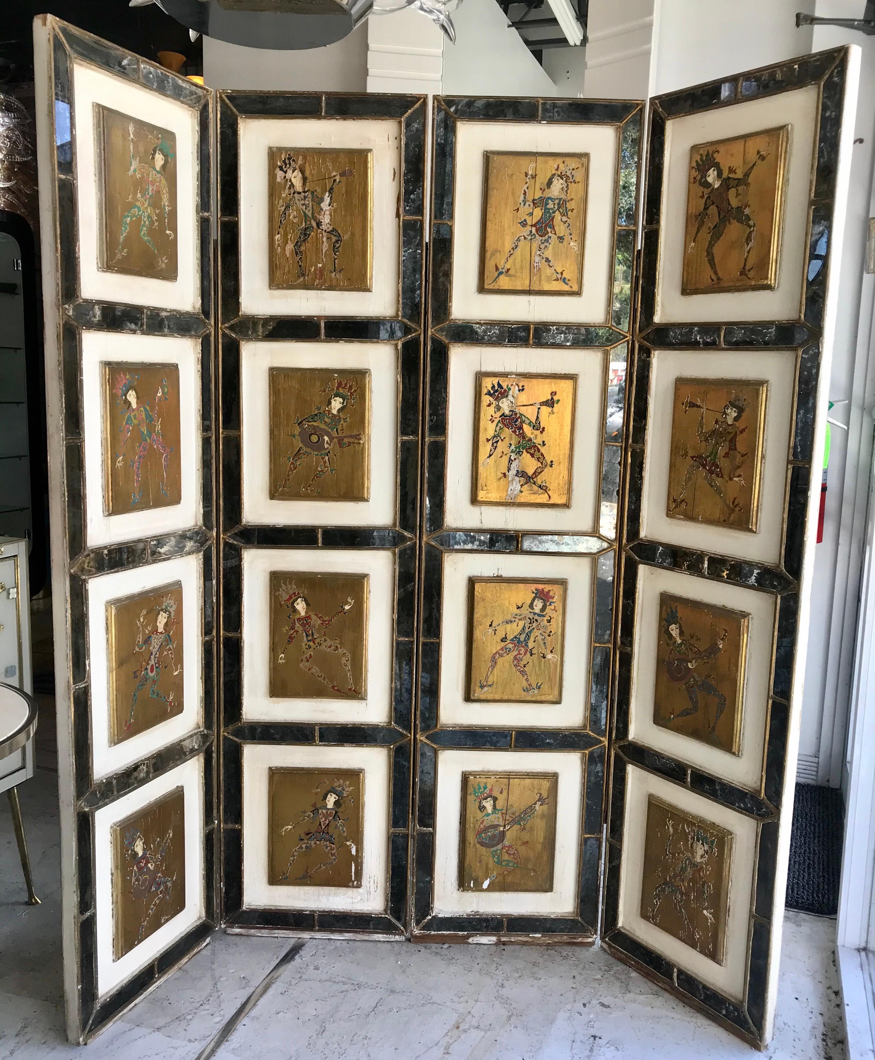 20th Century Italian Gold Florentine Hand Painted Court Jester Four Paneled Screen