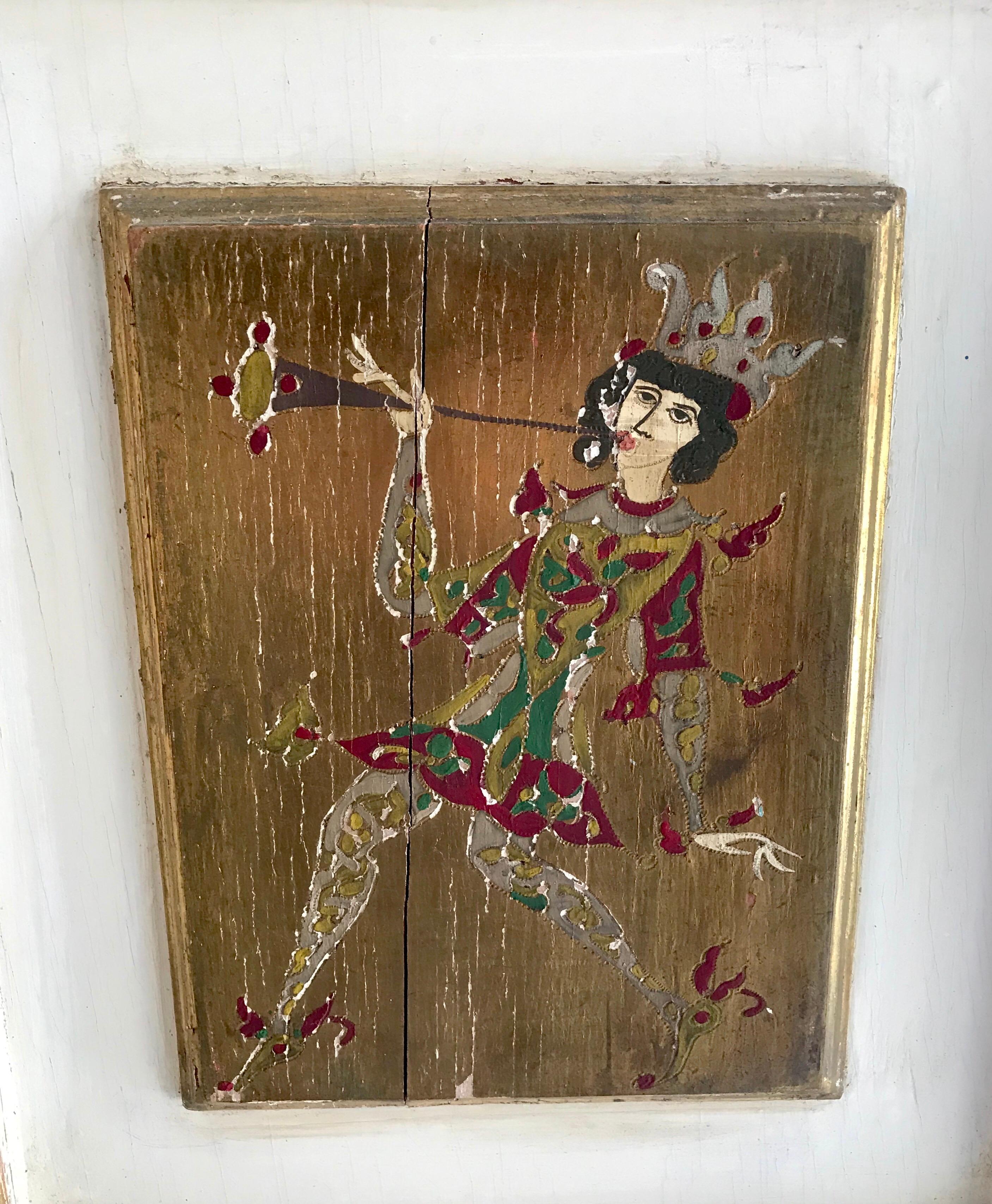 Mirror Italian Gold Florentine Hand Painted Court Jester Four Paneled Screen