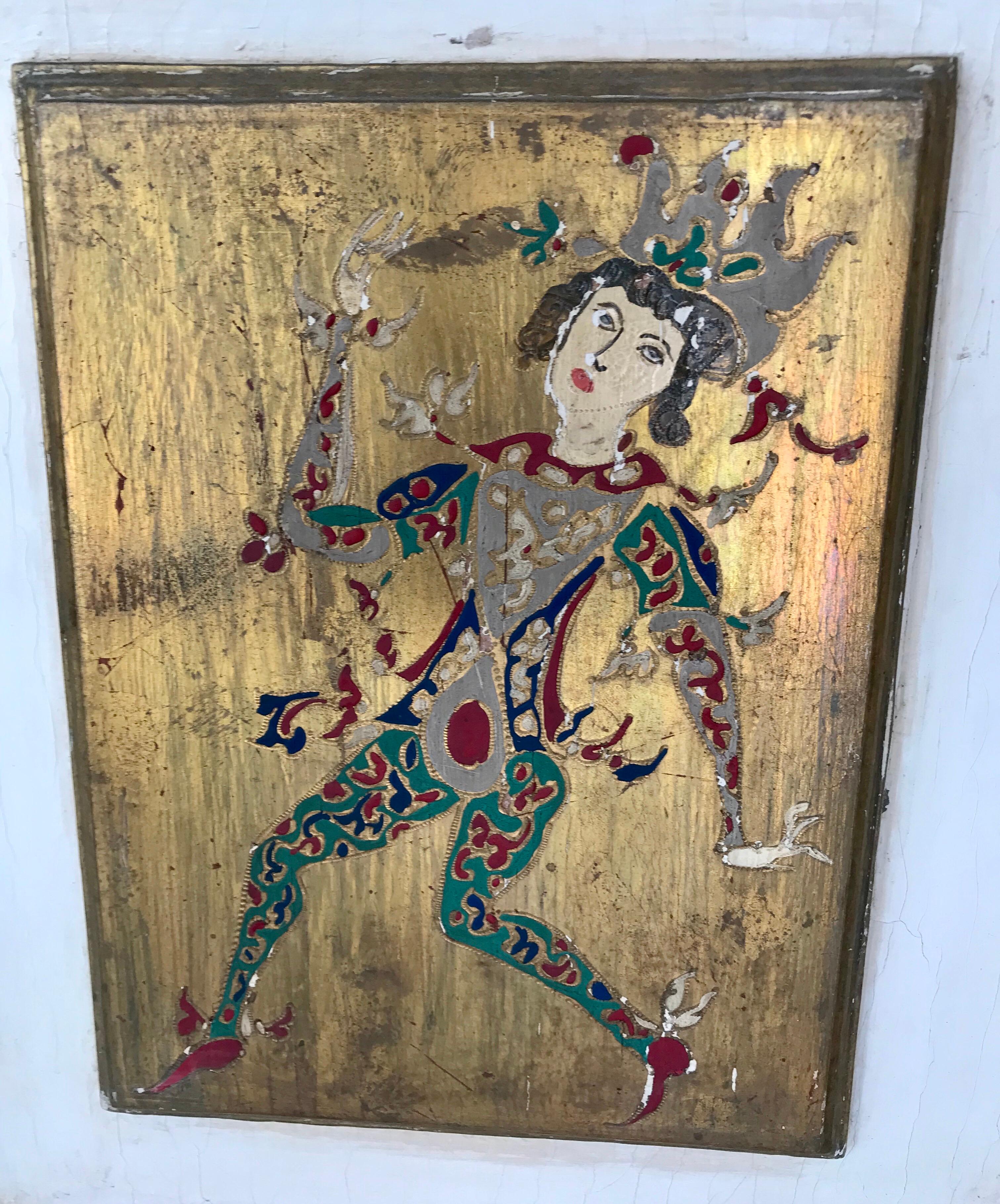 Italian Gold Florentine Hand Painted Court Jester Four Paneled Screen 2