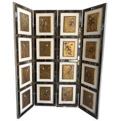 Italian Gold Florentine Hand Painted Court Jester Four Paneled Screen