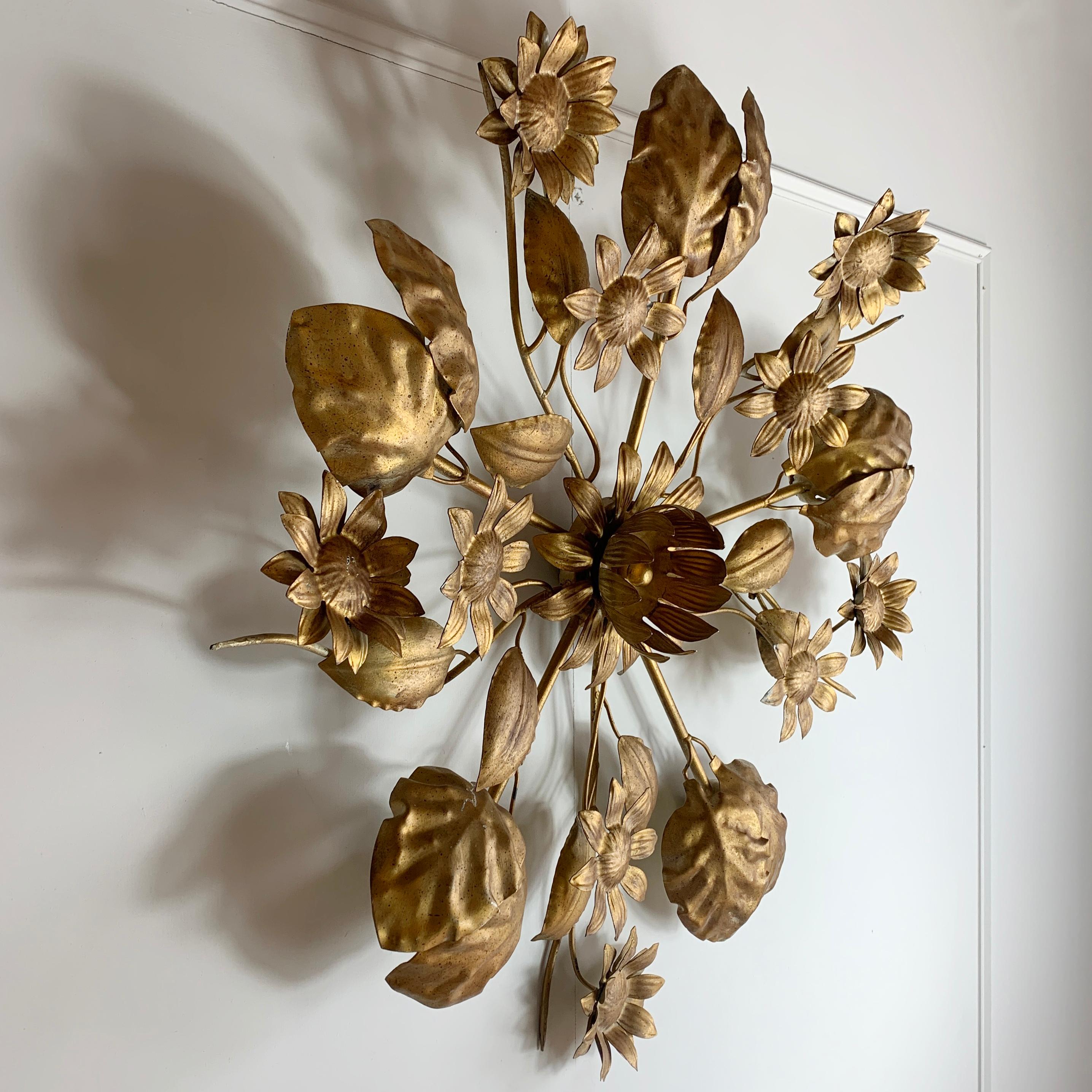Italian Gold Flush Flower Ceiling Light In Good Condition In Hastings, GB