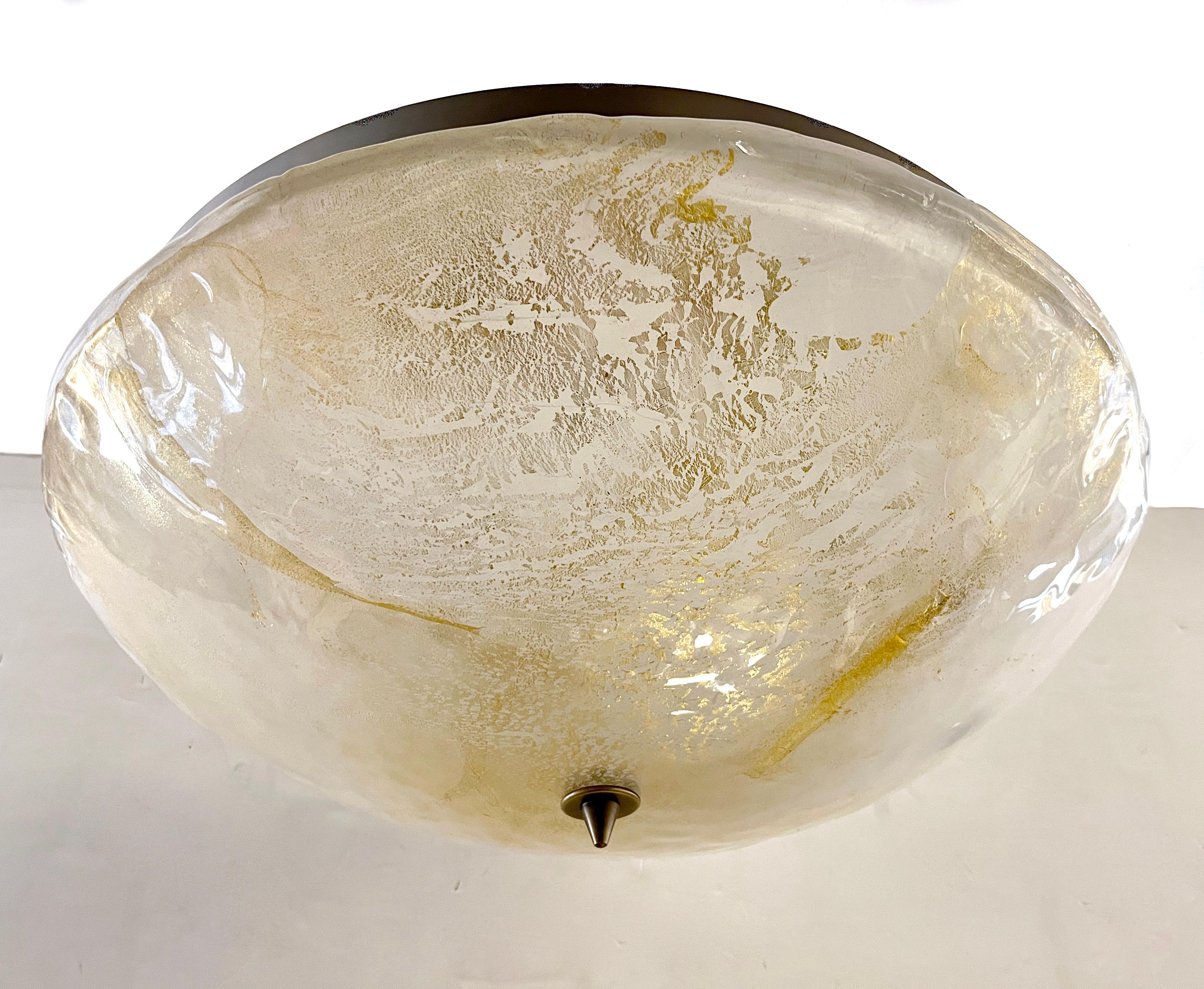 Italian Gold Frosted Crystal Murano Glass Bronze Round Flush Mount /Pendant In New Condition For Sale In New York, NY