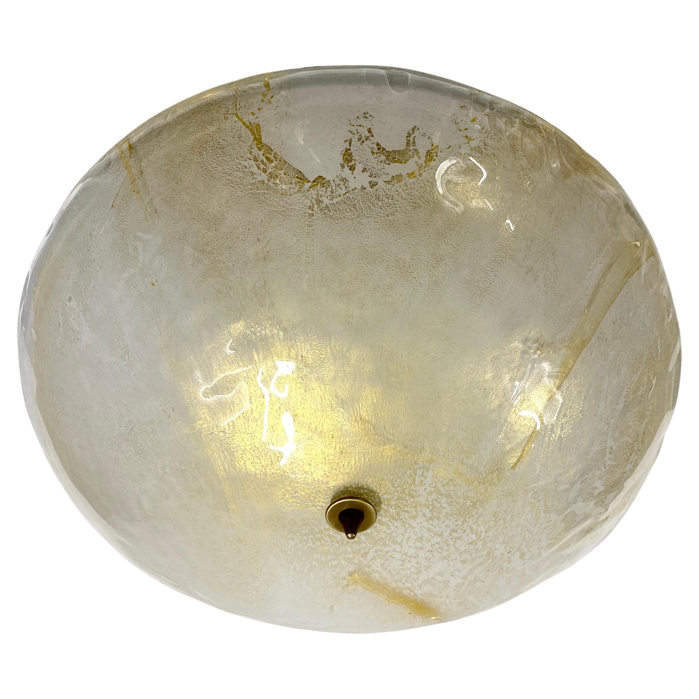 Italian Gold Frosted Crystal Murano Glass Bronze Round Flush Mount /Pendant For Sale
