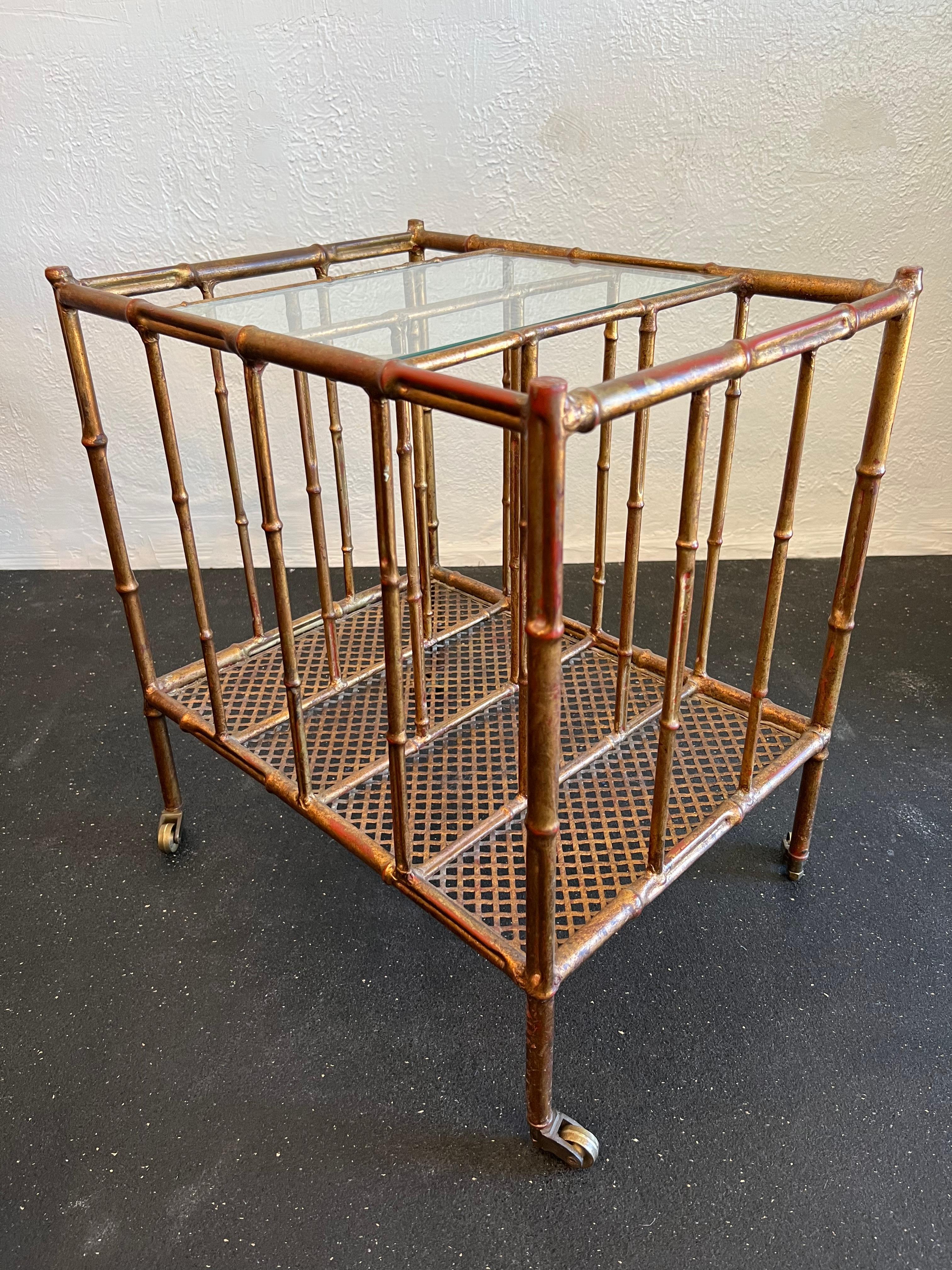 Mid-Century Modern Italian Gold Gilded Faux Bamboo Magazine Rack Table For Sale