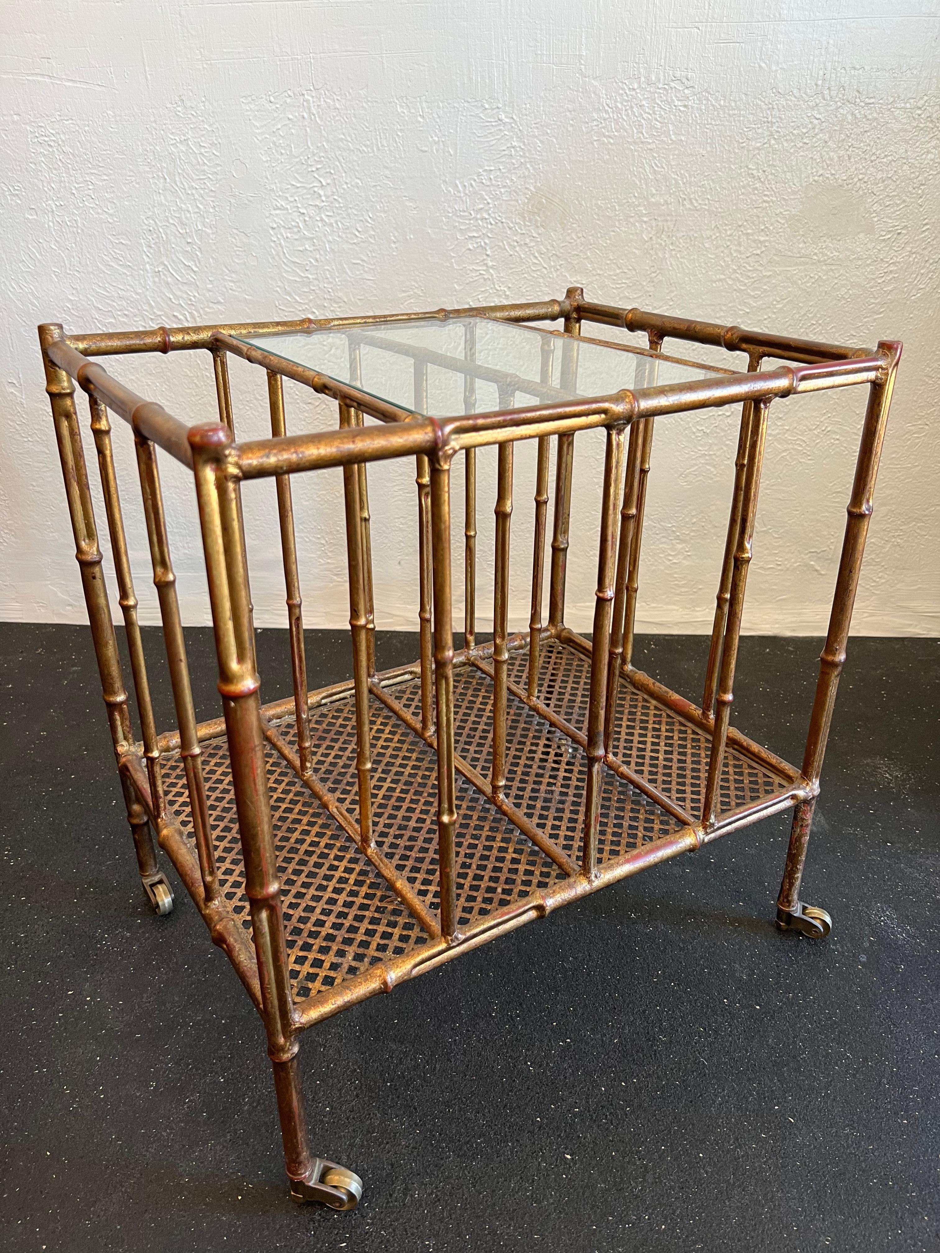 Mid-20th Century Italian Gold Gilded Faux Bamboo Magazine Rack Table For Sale