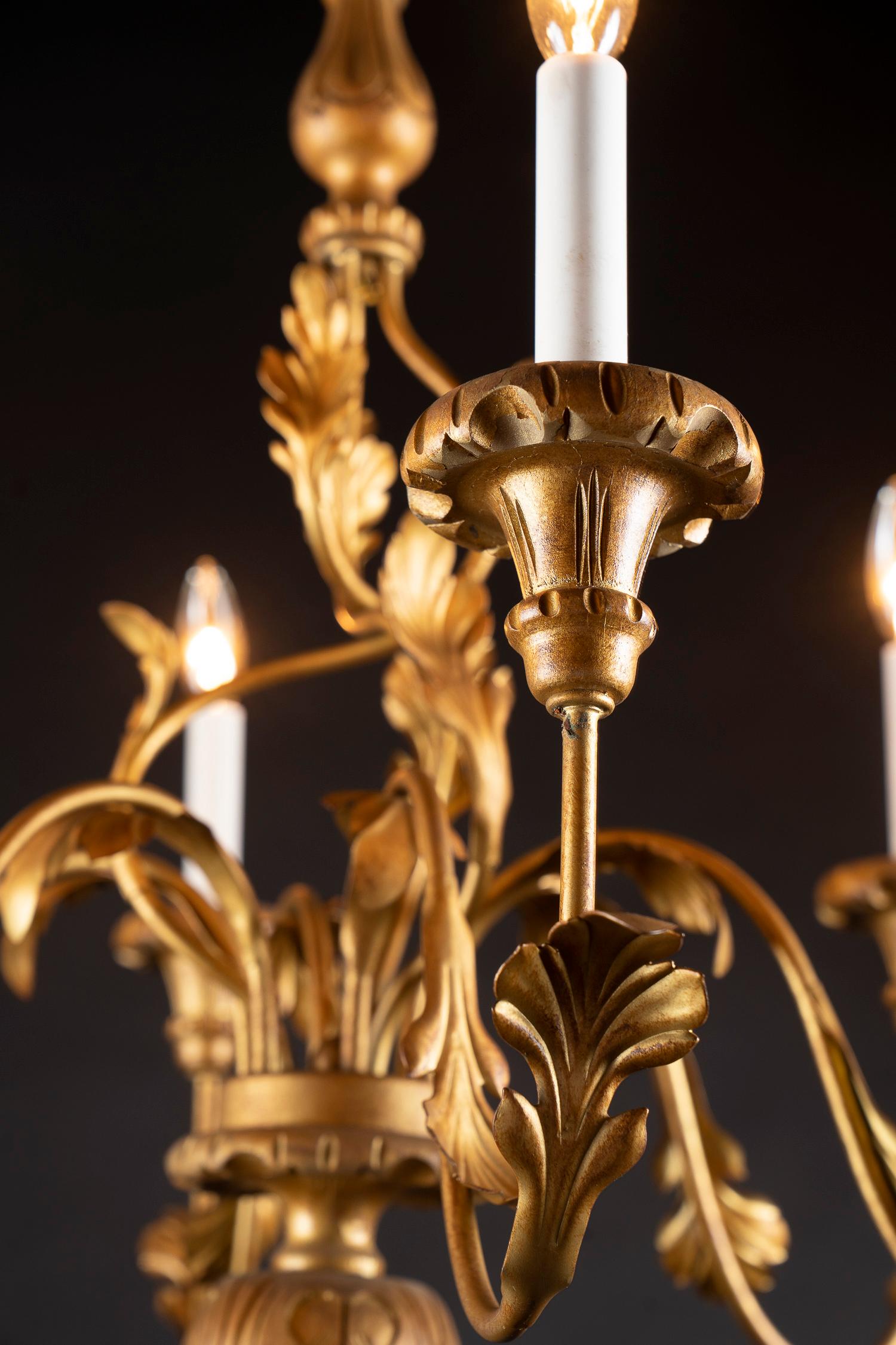 Italian Gold Gilded Iron, Wood, and Tole Chandelier, Mid-20th Century For Sale 2