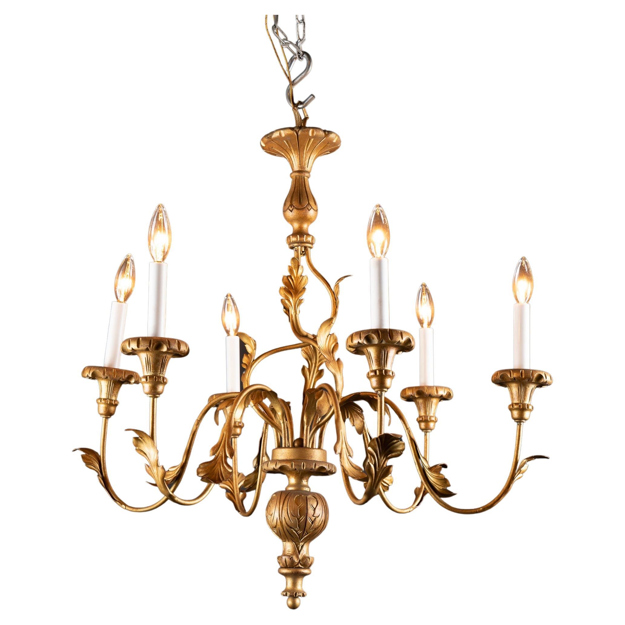 Italian Gold Gilded Iron, Wood, and Tole Chandelier, Mid-20th Century For Sale