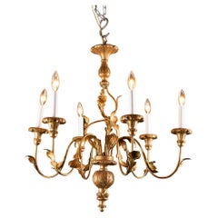Retro Italian Gold Gilded Iron, Wood, and Tole Chandelier, Mid-20th Century