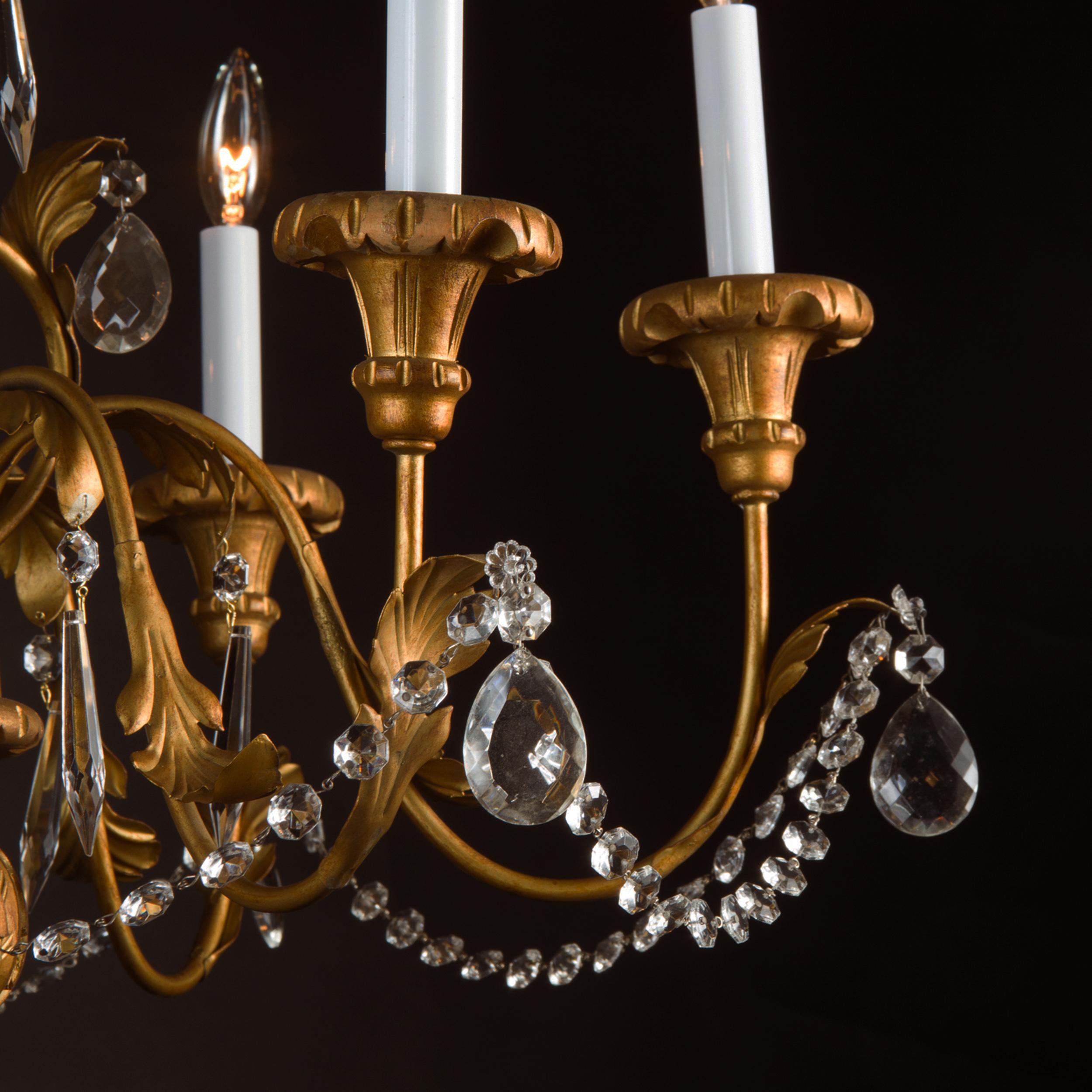 Italian Gold Gilded Iron, Wood, and Tole Chandelier with Crystal, 20th Century In Good Condition For Sale In New Orleans, LA