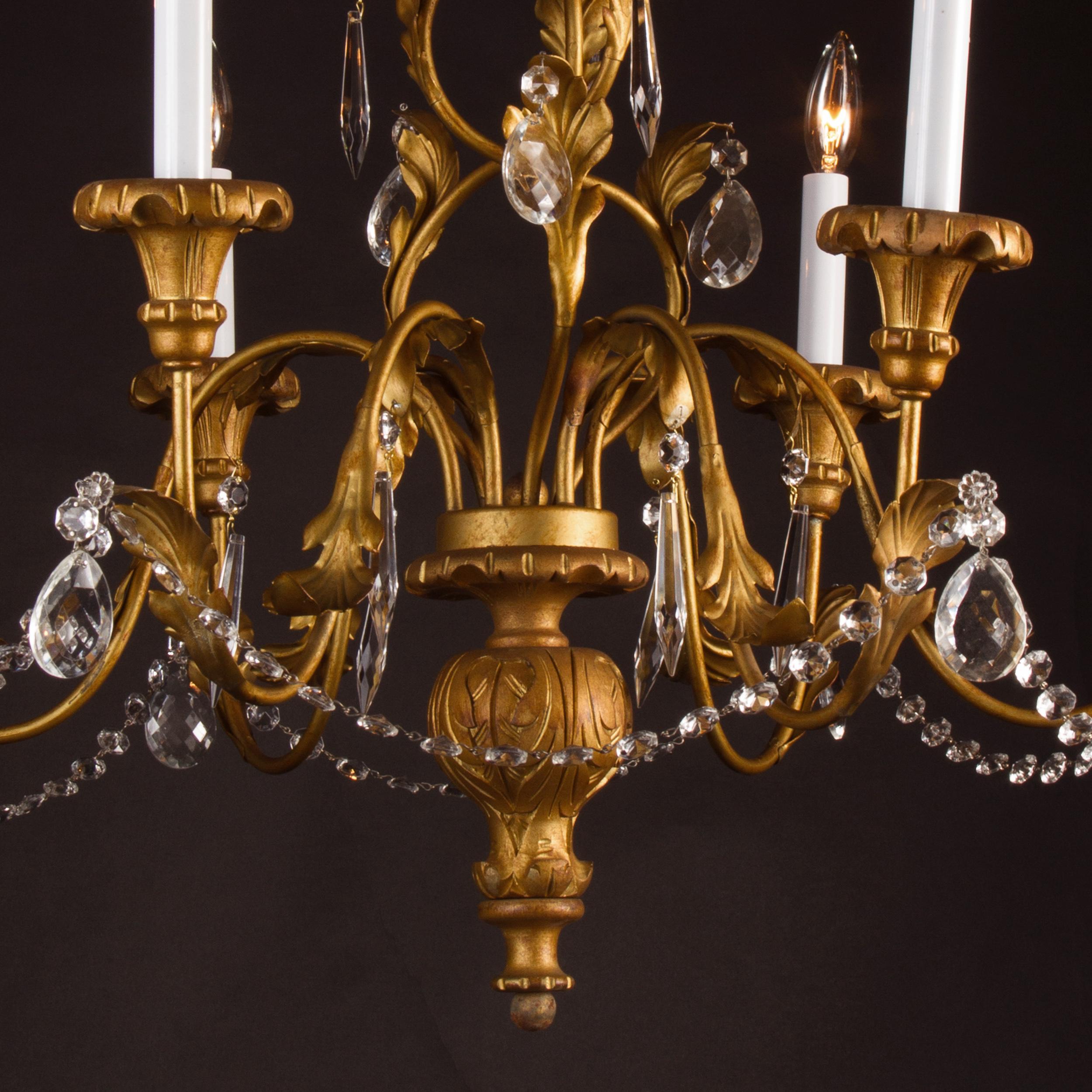 Italian Gold Gilded Iron, Wood, and Tole Chandelier with Crystal, 20th Century For Sale 1