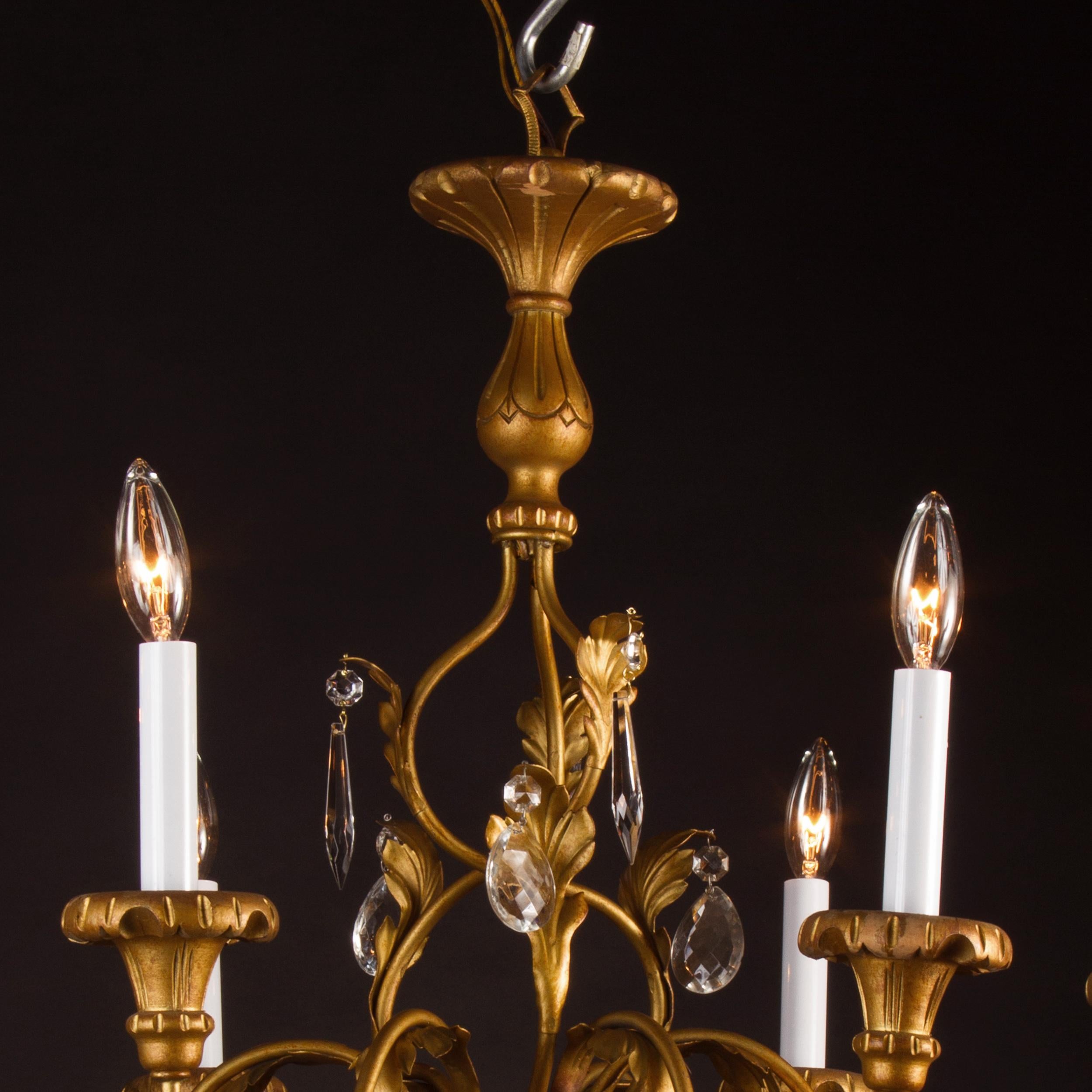 Italian Gold Gilded Iron, Wood, and Tole Chandelier with Crystal, 20th Century For Sale 2