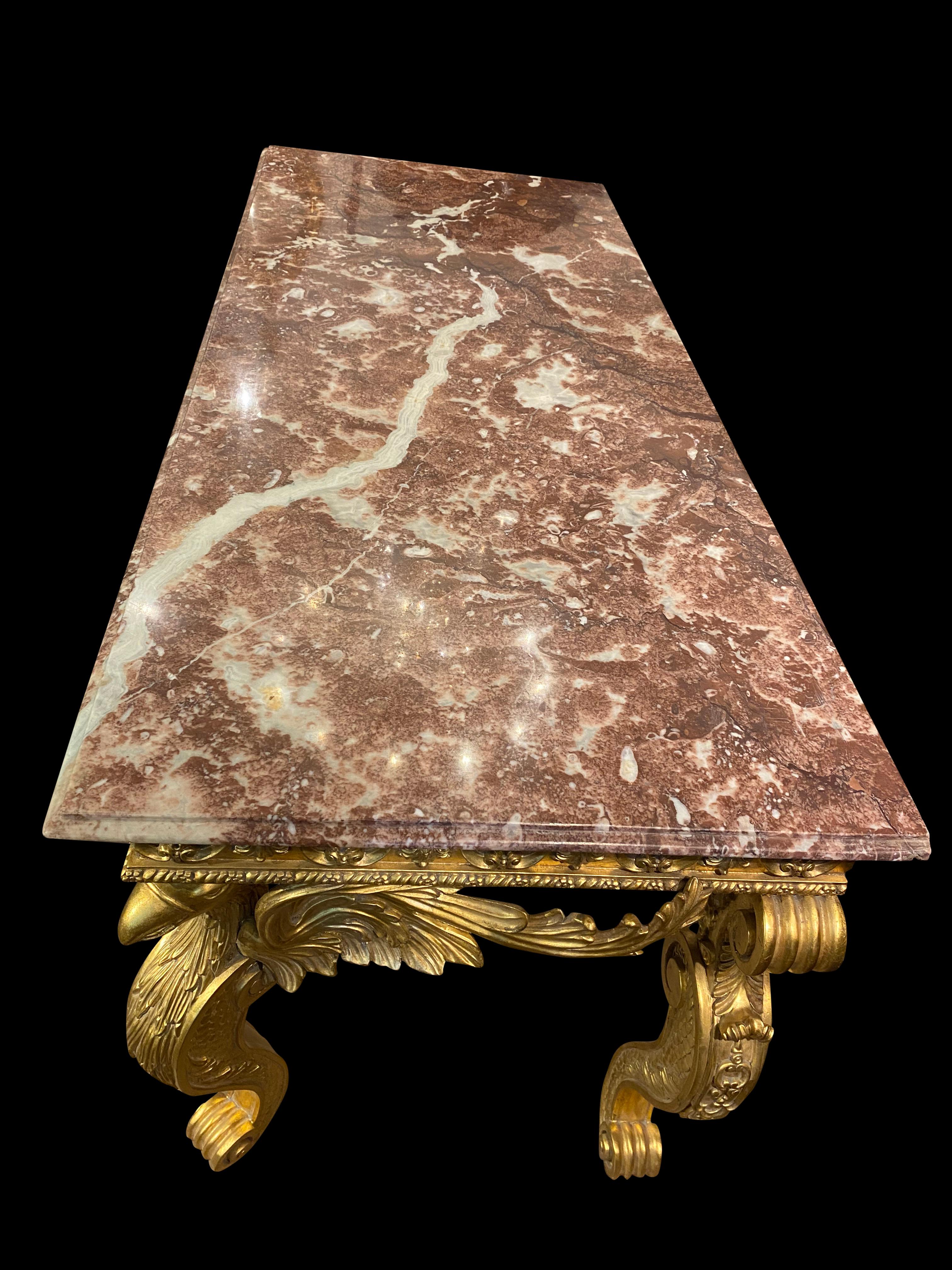 Italian Gold Gilded Rococo Console Table with Rosso Verona Marble Top 5