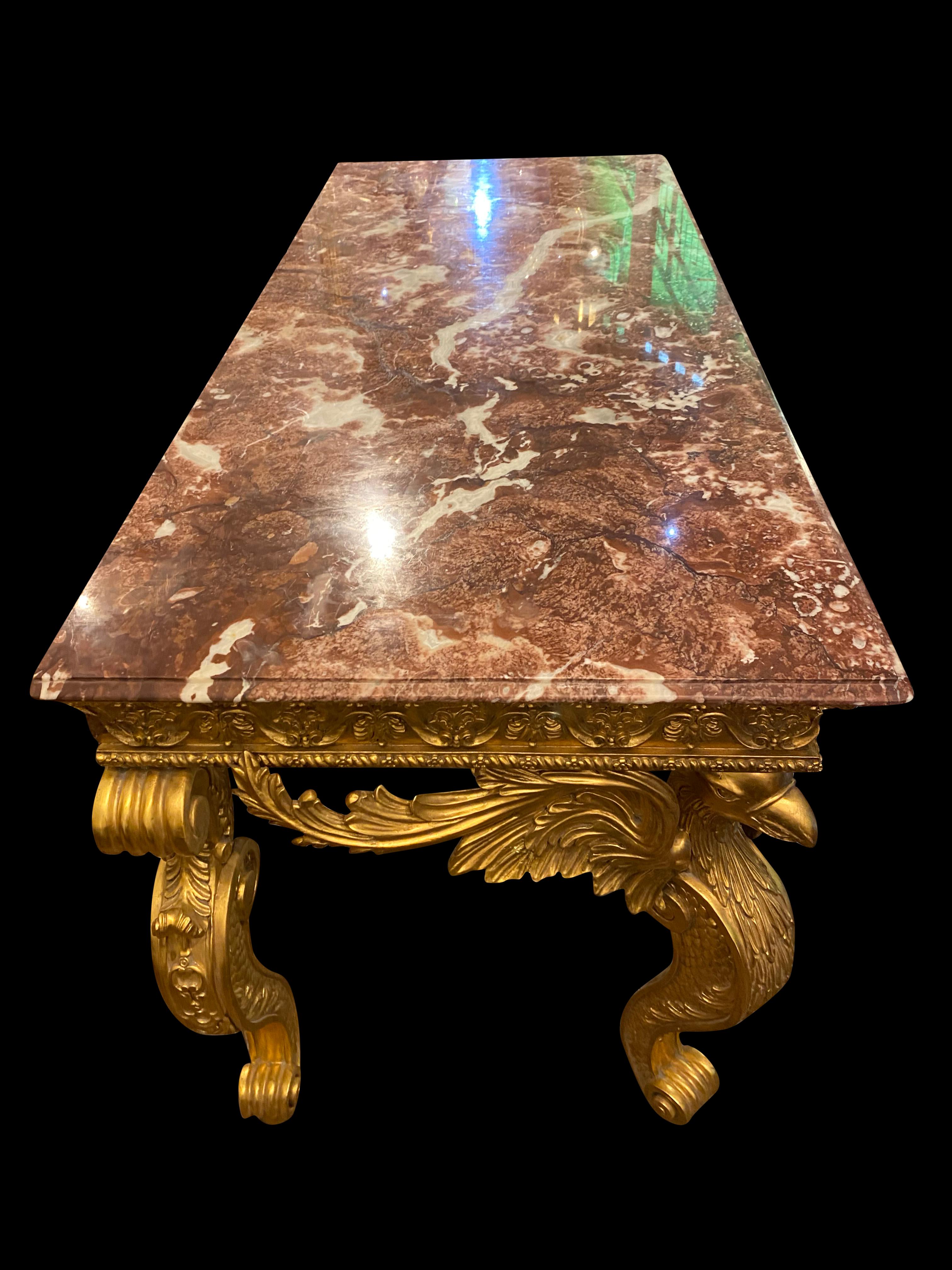 Italian Gold Gilded Rococo Console Table with Rosso Verona Marble Top 6
