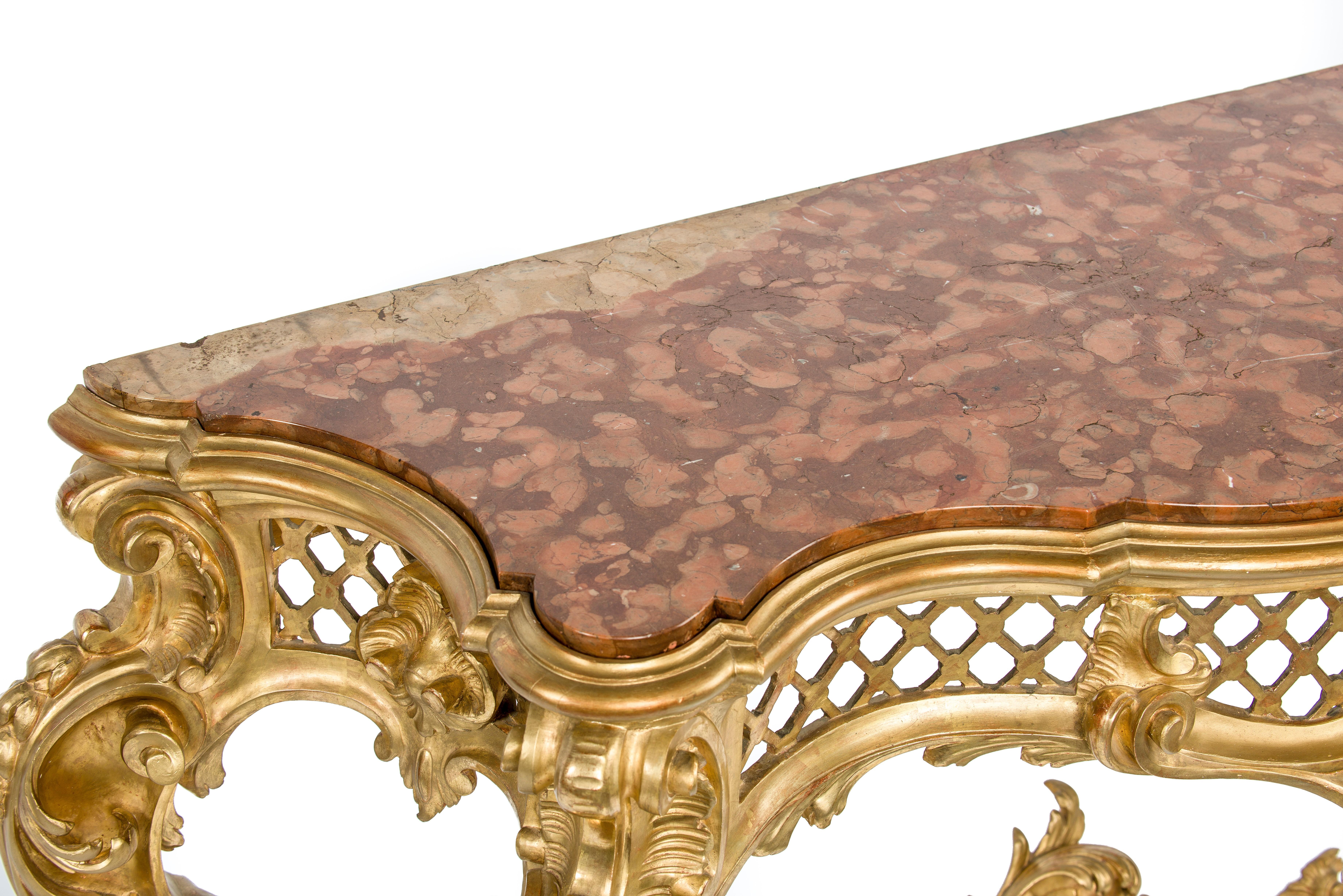 Italian Gold Gilded Rococo Console Table with Rosso Verona Marble Top For Sale 3
