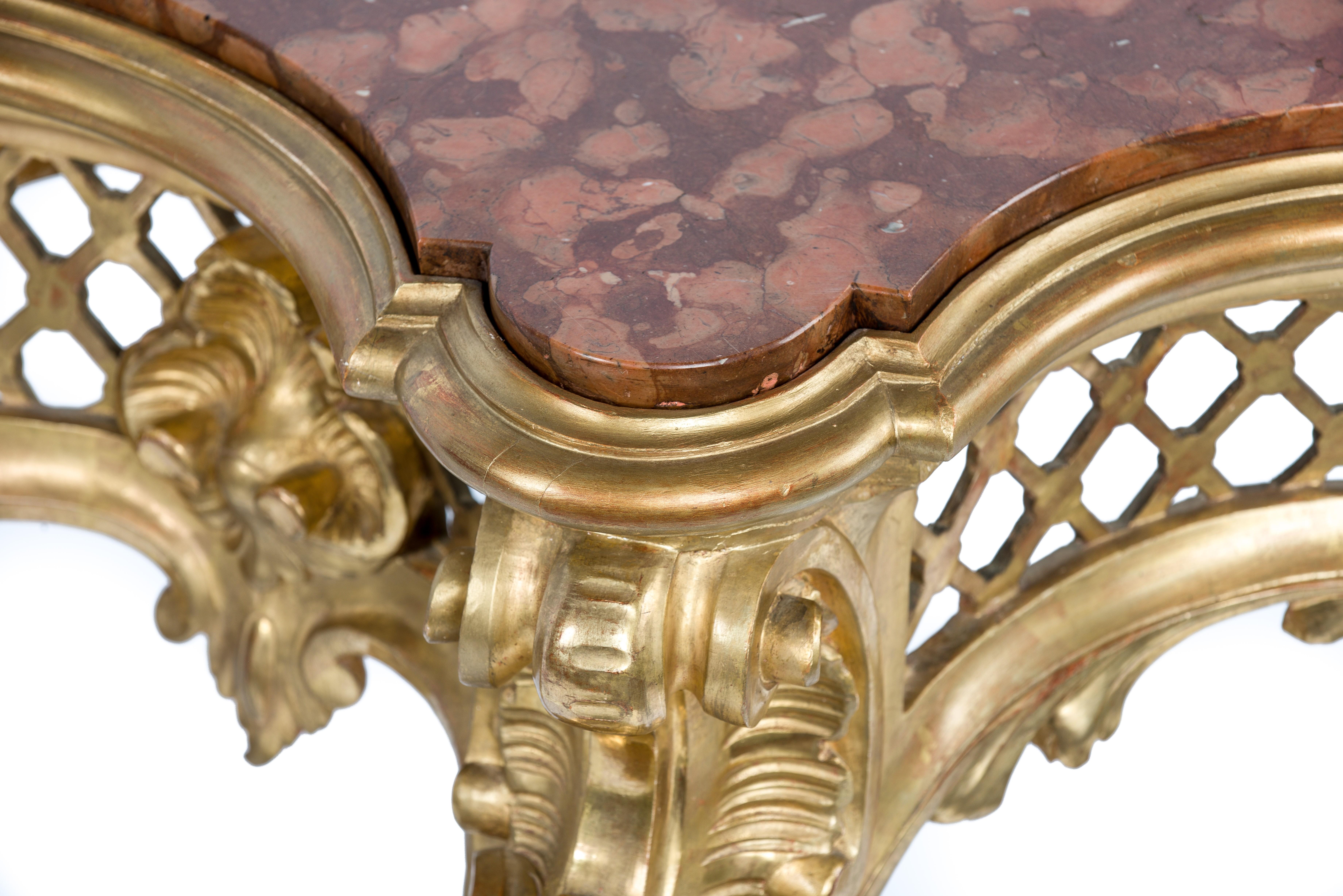 Italian Gold Gilded Rococo Console Table with Rosso Verona Marble Top For Sale 4