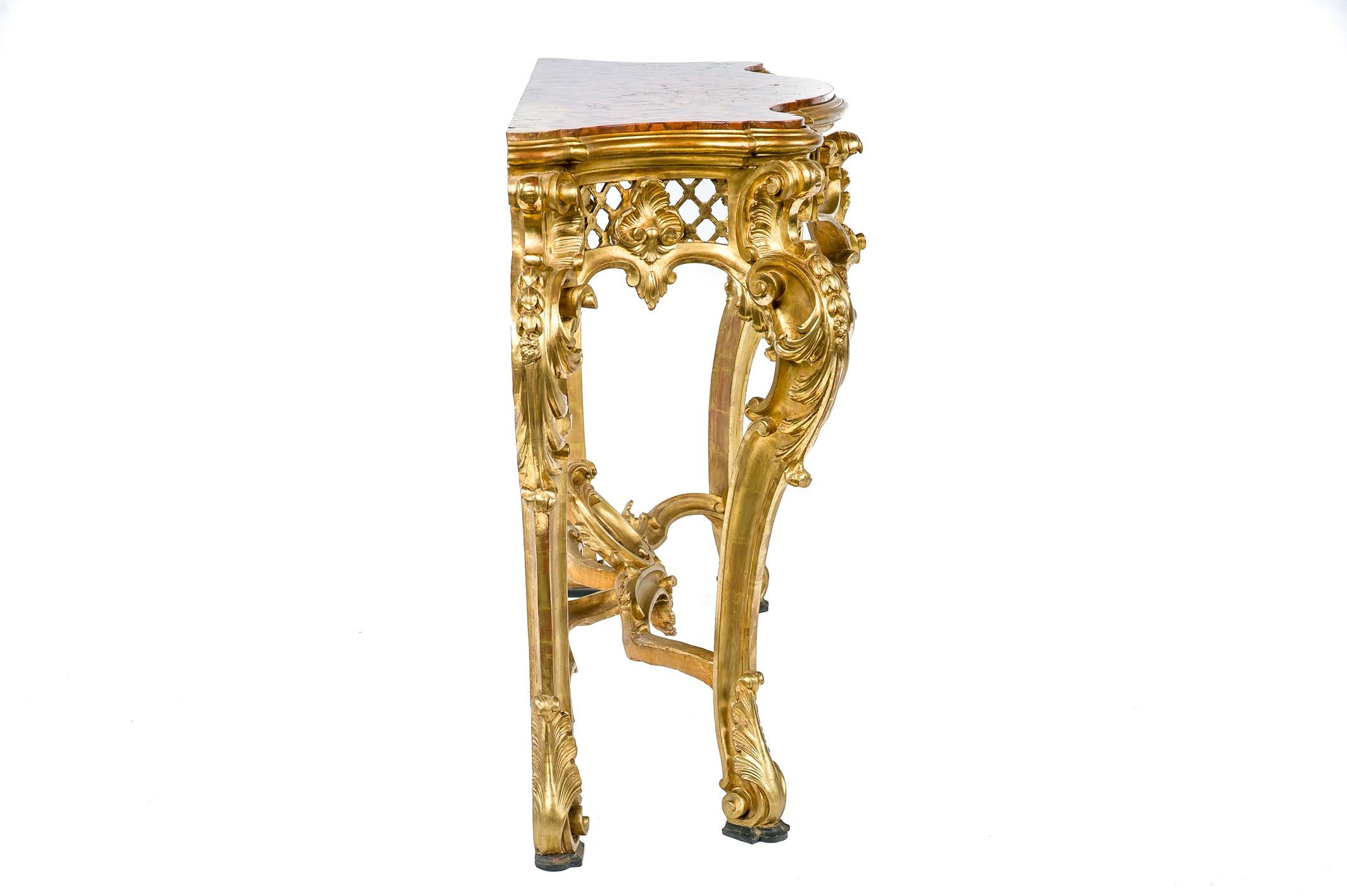 Italian Gold Gilded Rococo Console Table with Rosso Verona Marble Top For Sale 5