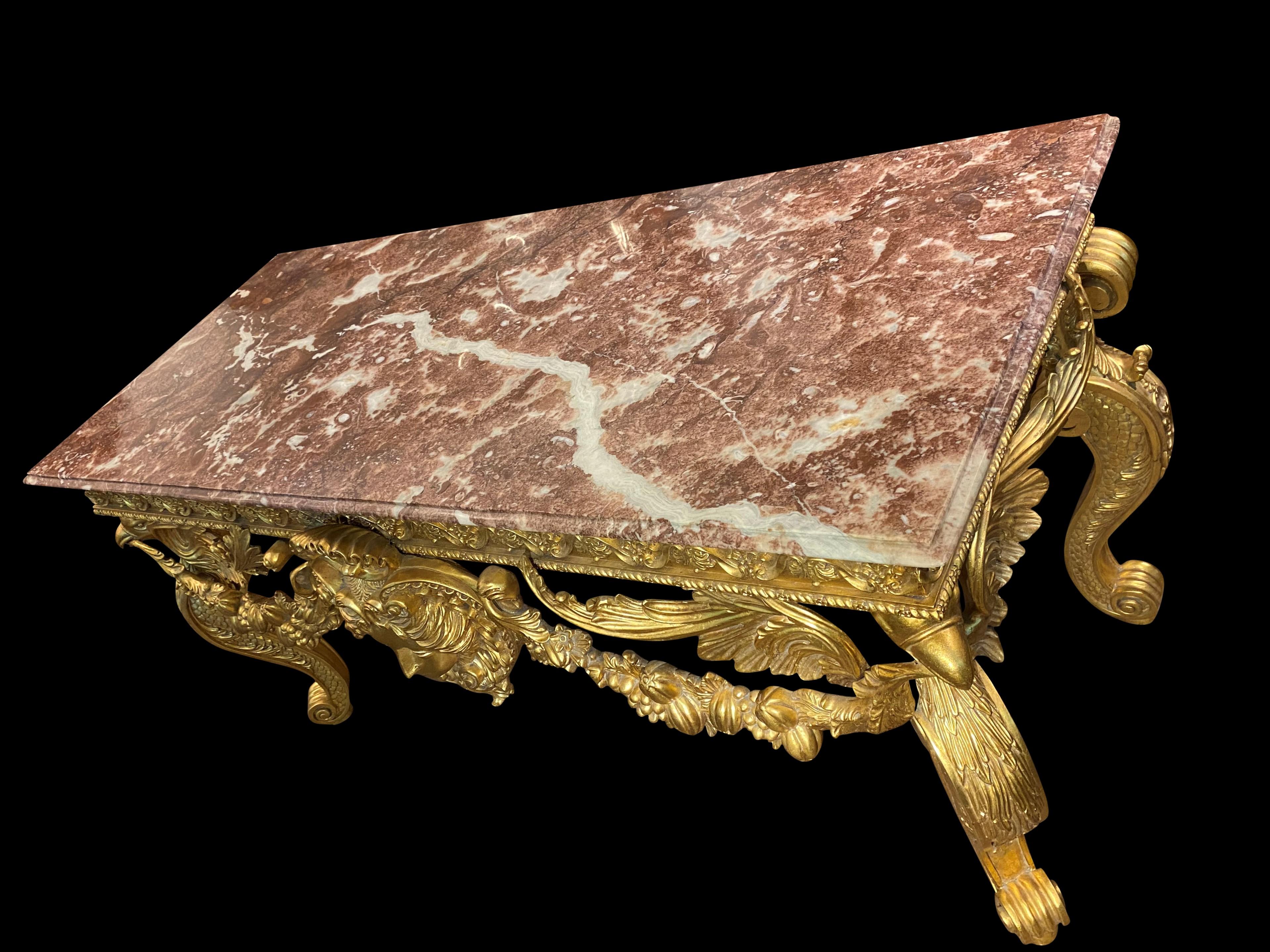 Italian Gold Gilded Rococo Console Table with Rosso Verona Marble Top 9