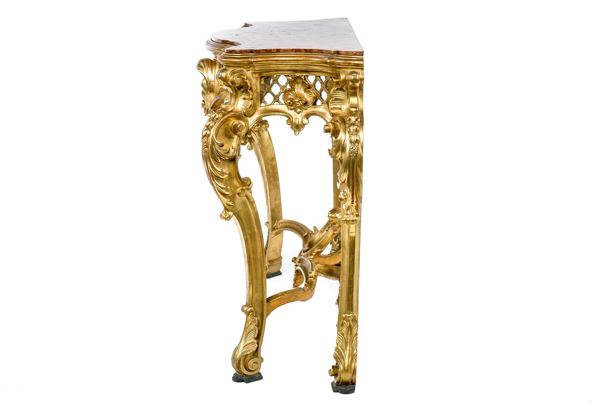 Table console rocococo italienne dorée à l'or avec plateau en marbre Rosso Verona en vente 7