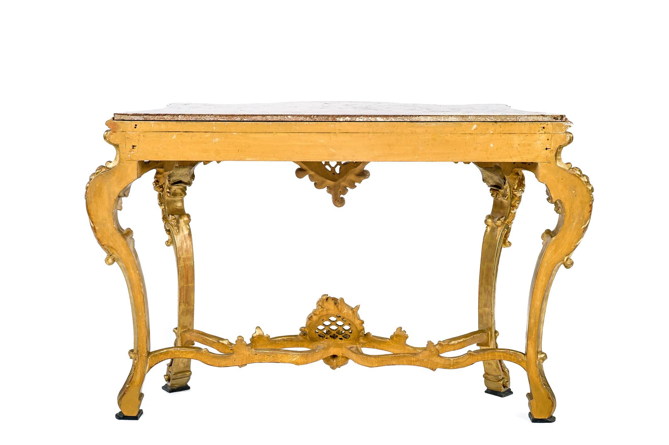 Italian Gold Gilded Rococo Console Table with Rosso Verona Marble Top For Sale 8