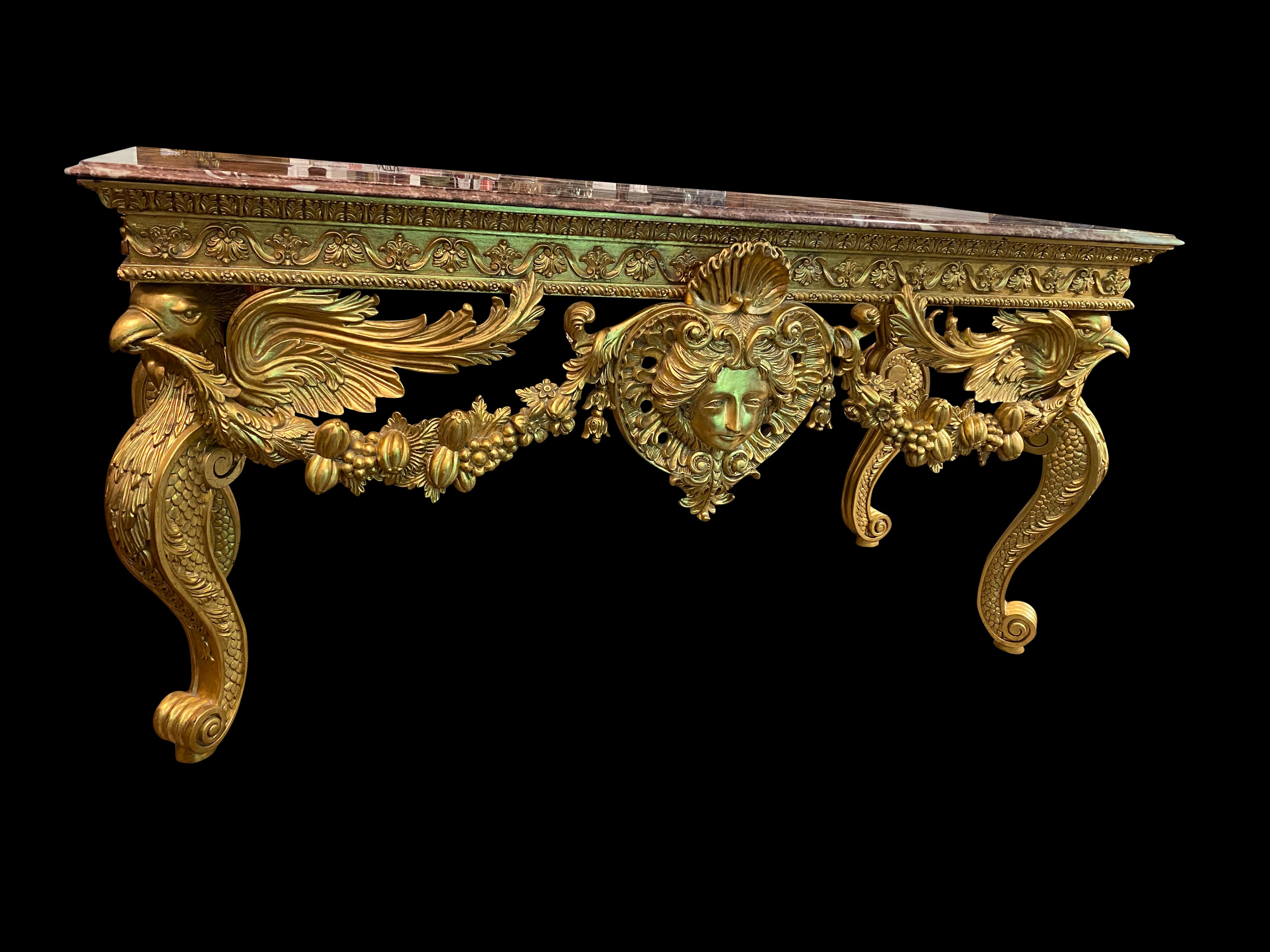 French Italian Gold Gilded Rococo Console Table with Rosso Verona Marble Top