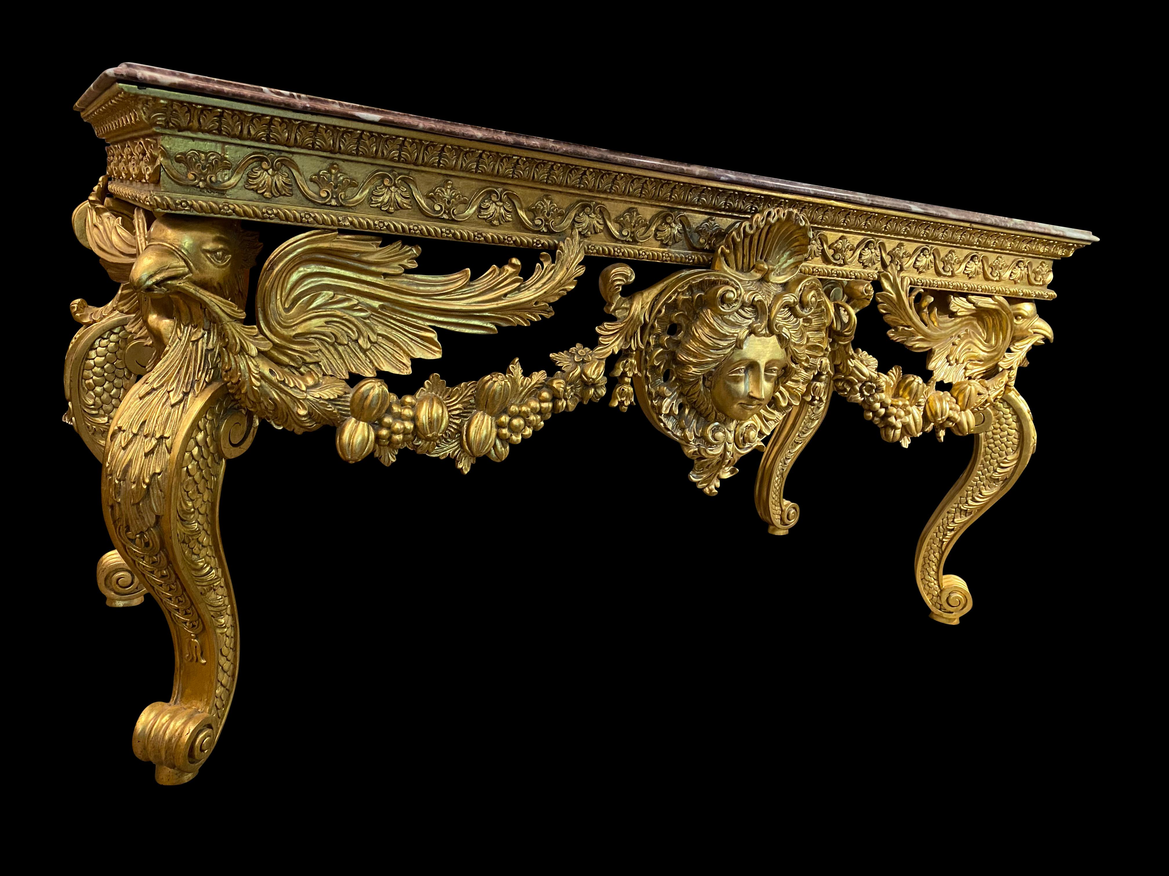 Italian Gold Gilded Rococo Console Table with Rosso Verona Marble Top In Excellent Condition In London, GB
