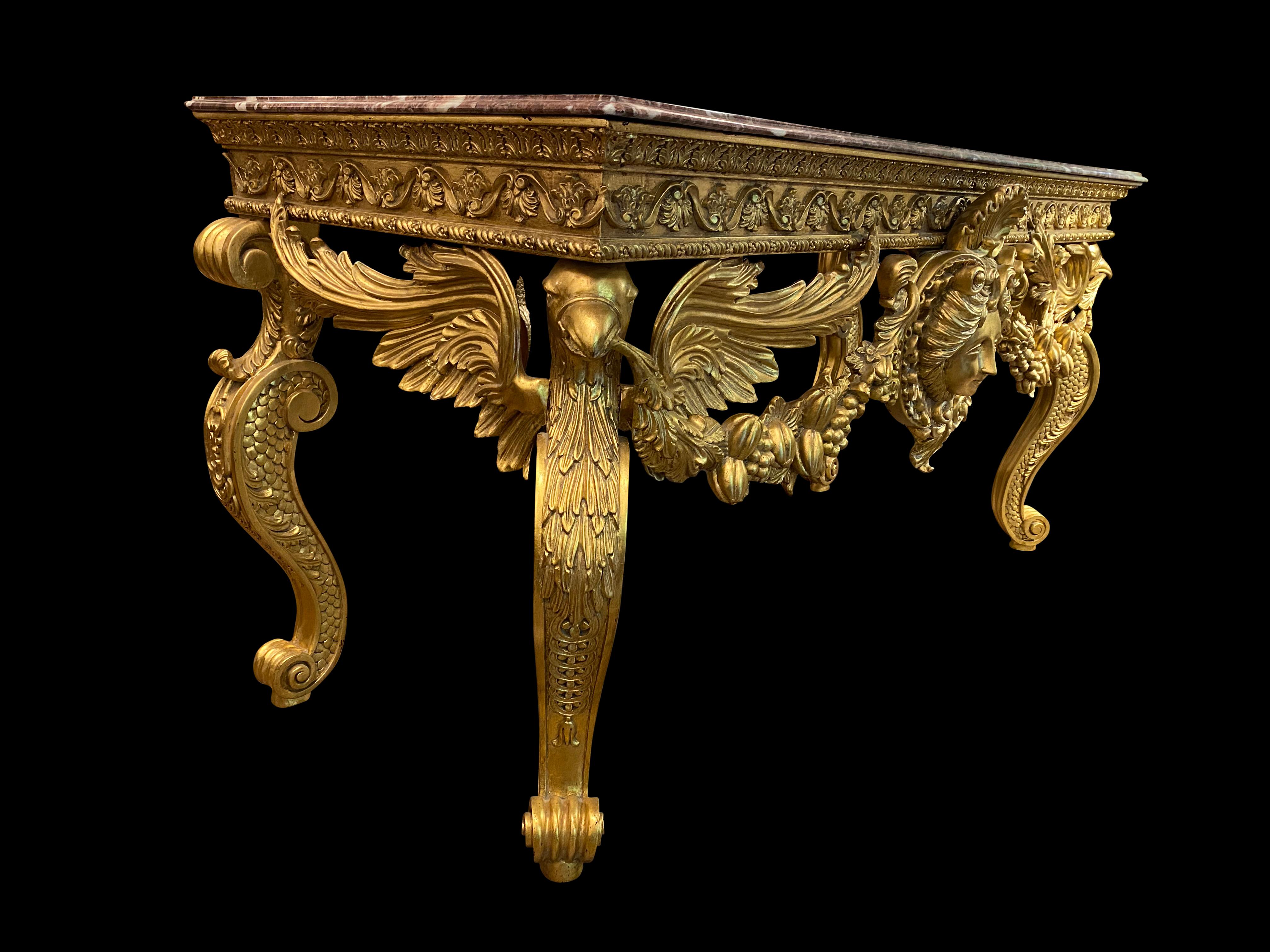 20th Century Italian Gold Gilded Rococo Console Table with Rosso Verona Marble Top