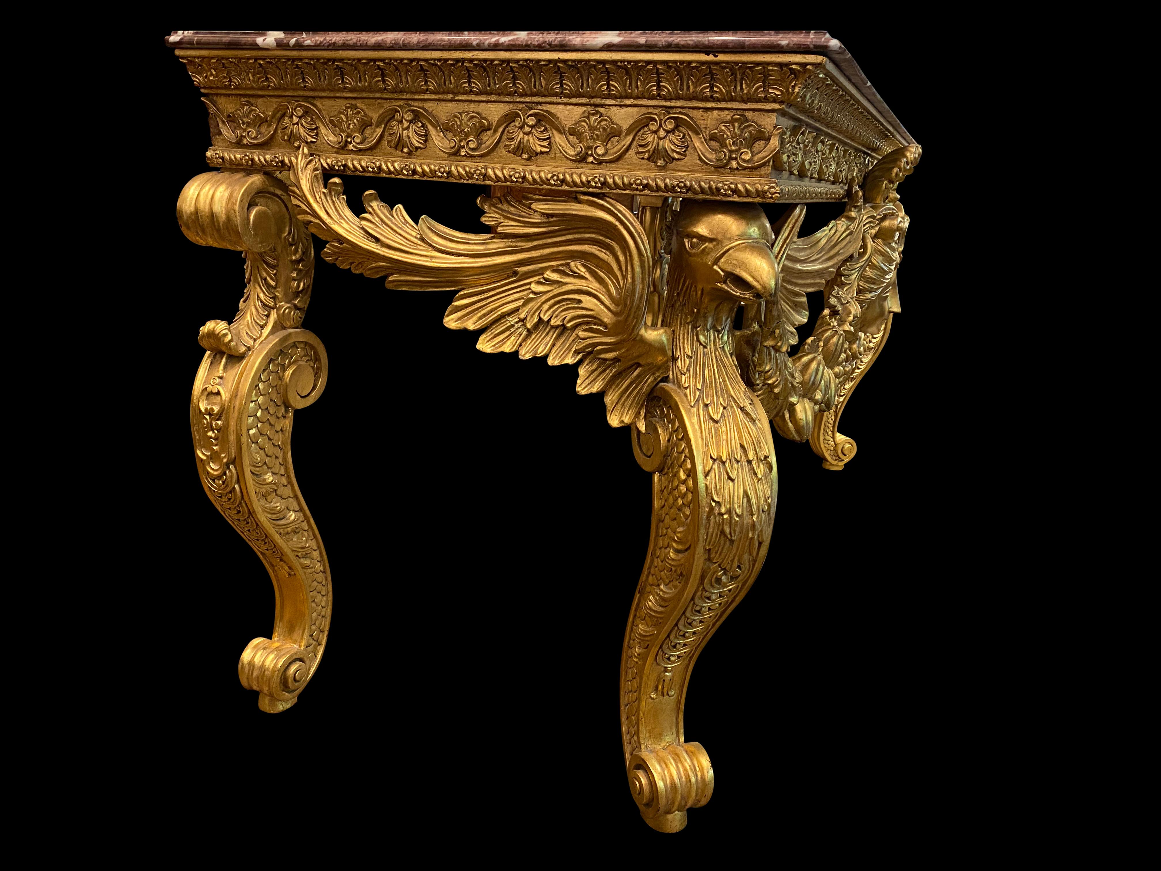 Italian Gold Gilded Rococo Console Table with Rosso Verona Marble Top 1
